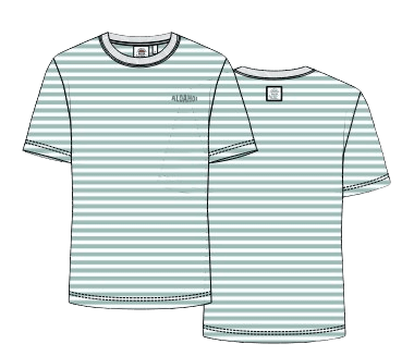 Weißes T-Shirt mit mintgrünen horizontalen Streifen, kurzem Arm und Rundhalsausschnitt. Auf der linken Brust ist das Wort „ALOAHOI“ in Salbeigrün gestickt. Am Nackenband ist ein dezentes Weblabel zu sehen.