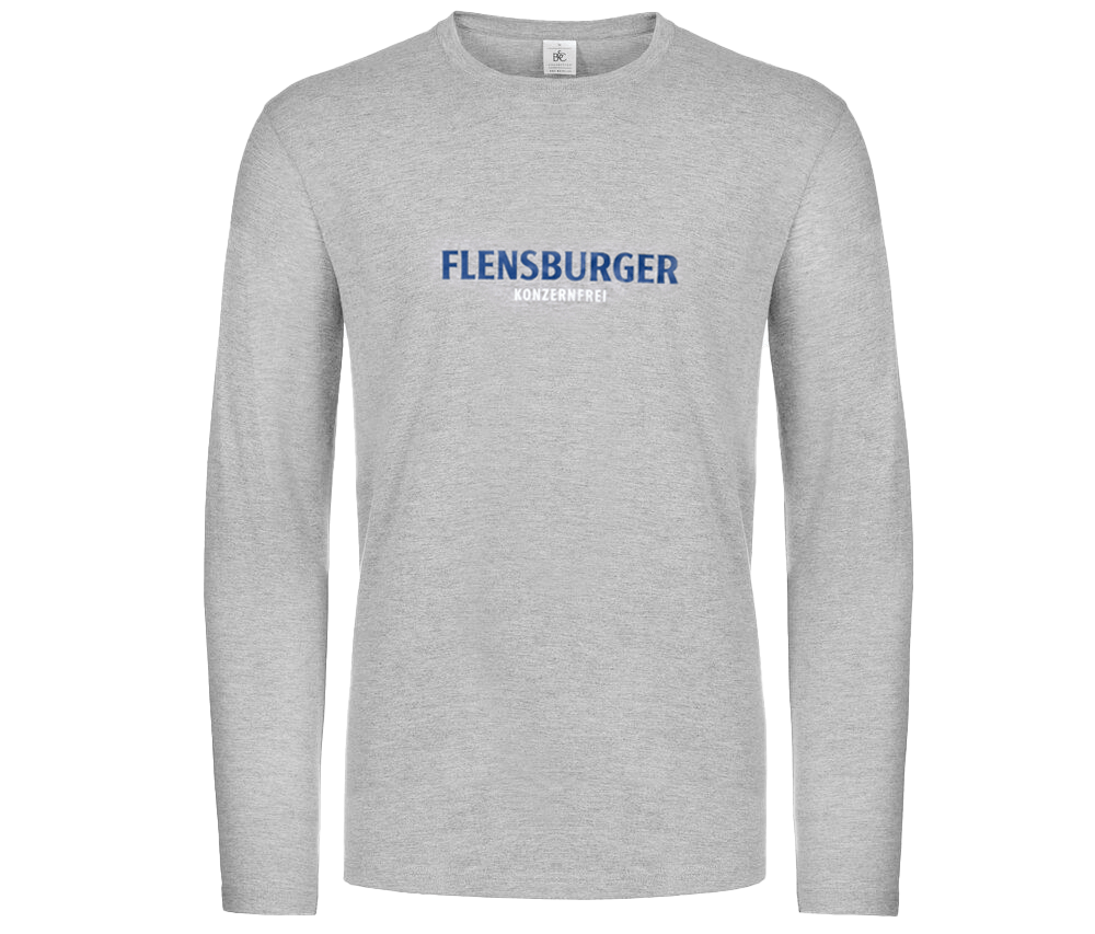 Vorderseite eines grauen Langarmshirt mit dem blauen Schriftzug "FLENSBURGER" und darunter in Weiß "KONZERNFREI" mittig auf der Brust.