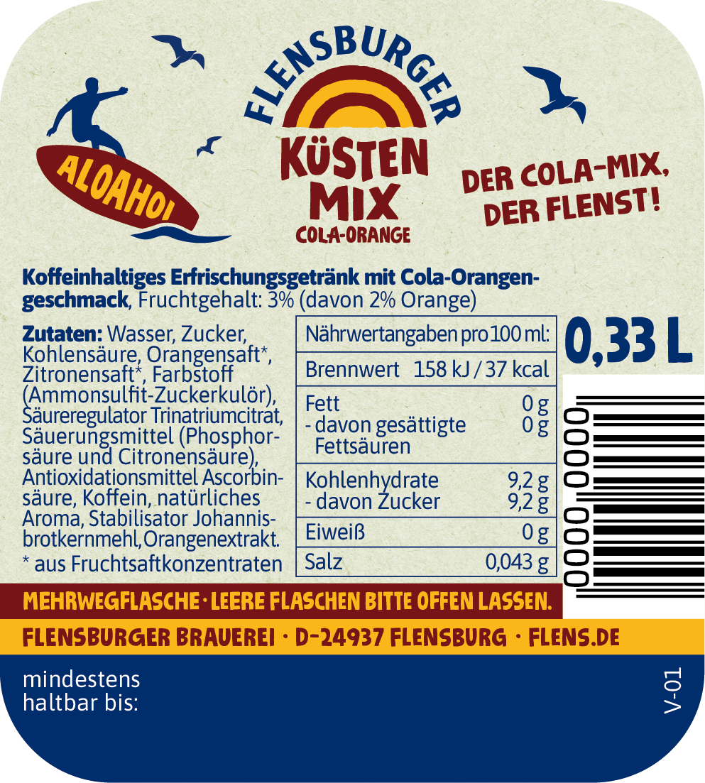 Rückseiten-Etikett des Flensburger Küstenmix Cola-Orange. Auf dem Etikett sind Zutaten, Nährwerte und der Text „Der Cola-Mix, der flenst!“ zu sehen.