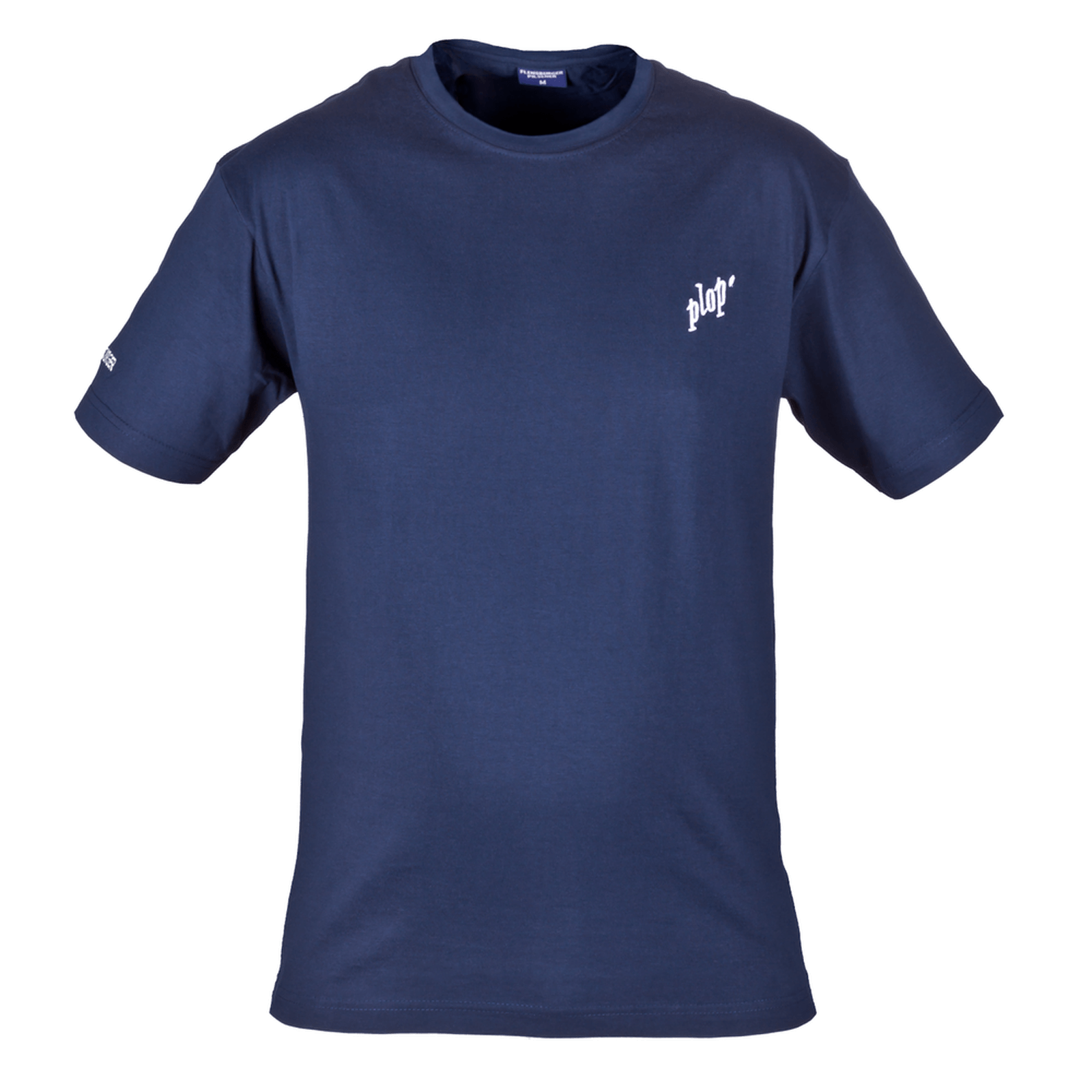 Dunkelblaues T-Shirt mit kurzem Arm und rundem Halsausschnitt. Auf der linken Brust steht in weißer Schrift "plop'".