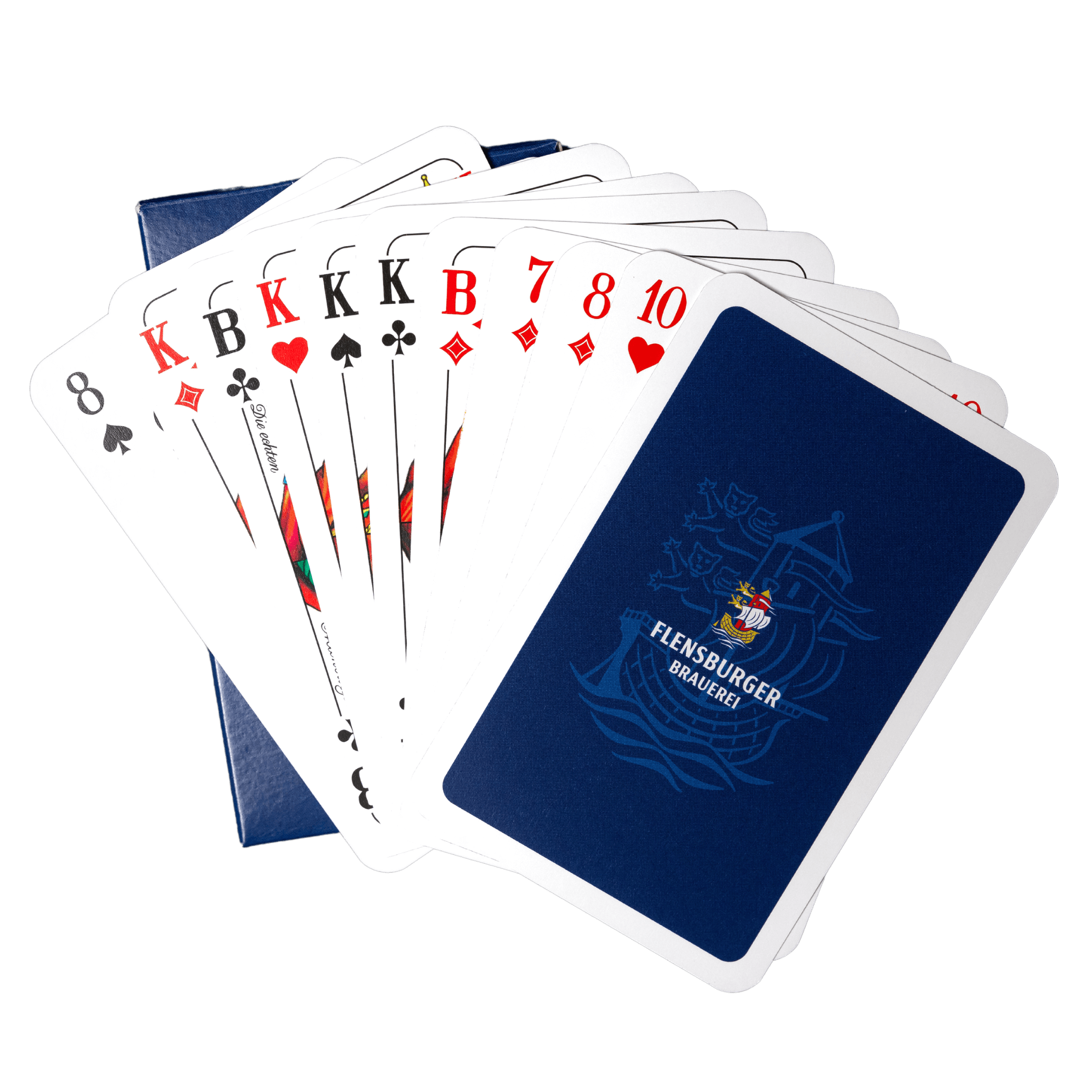 FLENS Skat-Blatt Skatkarten-Fächer mit zehn Skatkarten und blauer Rückseite mit weißem Schriftzug „FLENSBURGER BRAUEREI“ und einem Schiffsmotiv. Die Vorderseite zeigt verschiedene Farben und Werte.