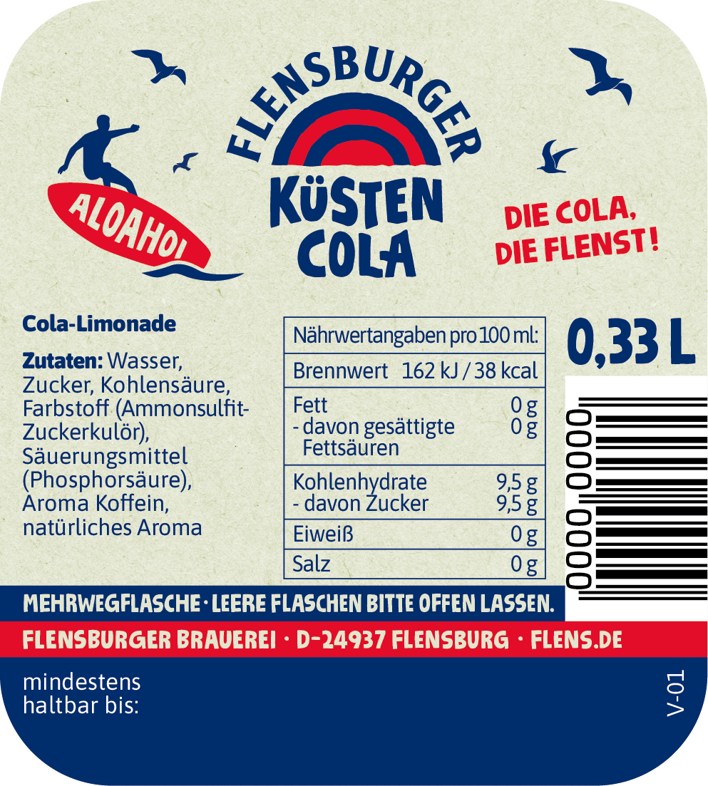 Rückenetikett frt Flensburger Küstencola zeigt Zutaten, Nährwertangaben pro 100 ml mit 162 kJ / 38 kcal, Volumen 0,33 Liter, Barcode und Slogan „Die Cola, die flenst!“