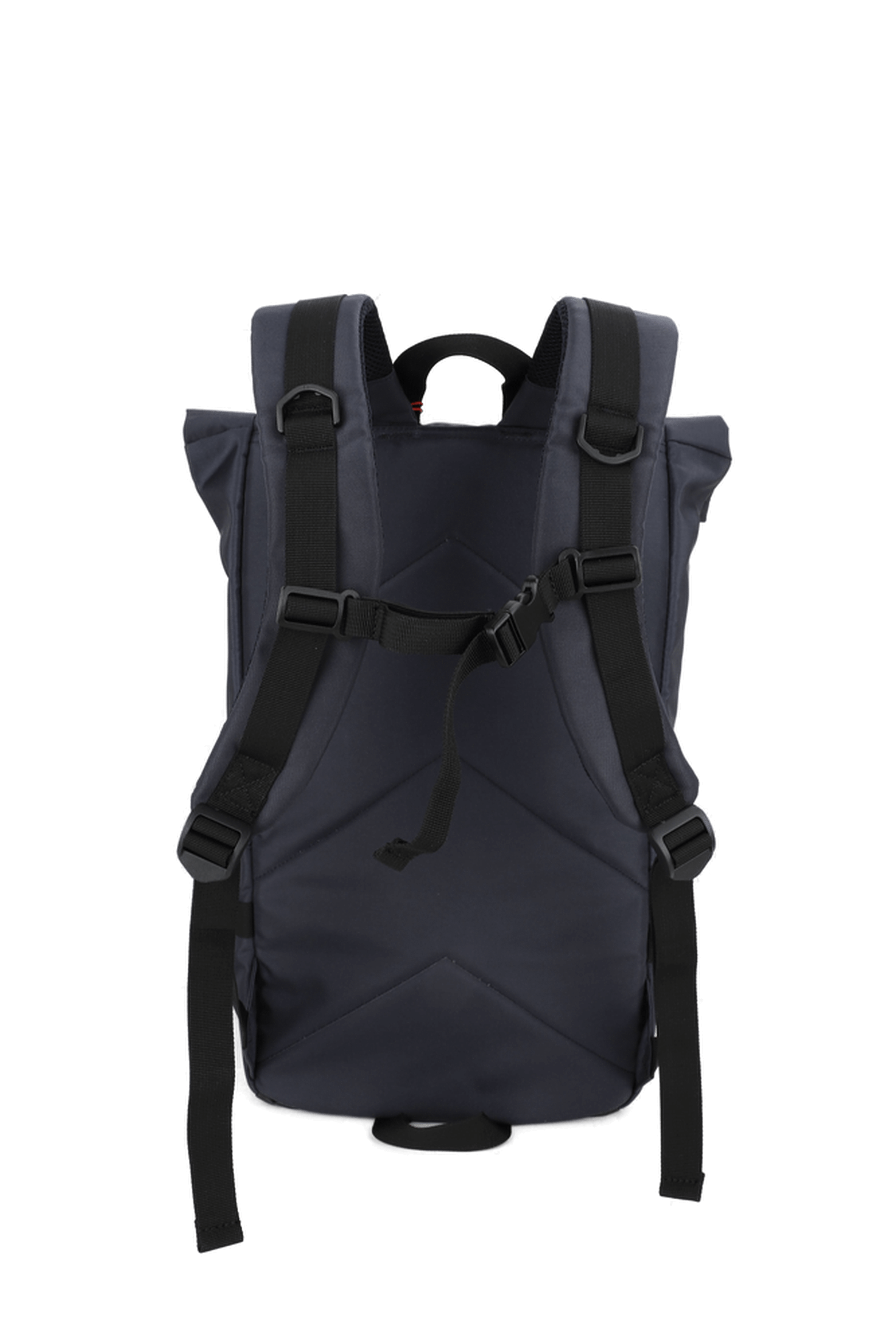 Rucksack "Nordlicht Explorer" in Navy. Rückenansicht mit gepolsterten Schultergurten und verstellbaren schwarzen Riemen. Tragegriff oben mittig sichtbar.