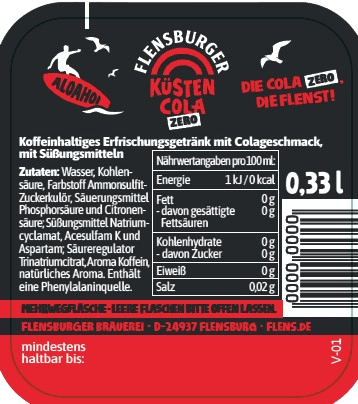 Rücketikett der Flensburger Küstencola Zero: koffeinhaltiges Erfrischungsgetränk mit Colageschmack in einer 0,33 Liter Flasche. Die Nährwertangaben pro 100 ml sind auf dem Etikett aufgeführt.