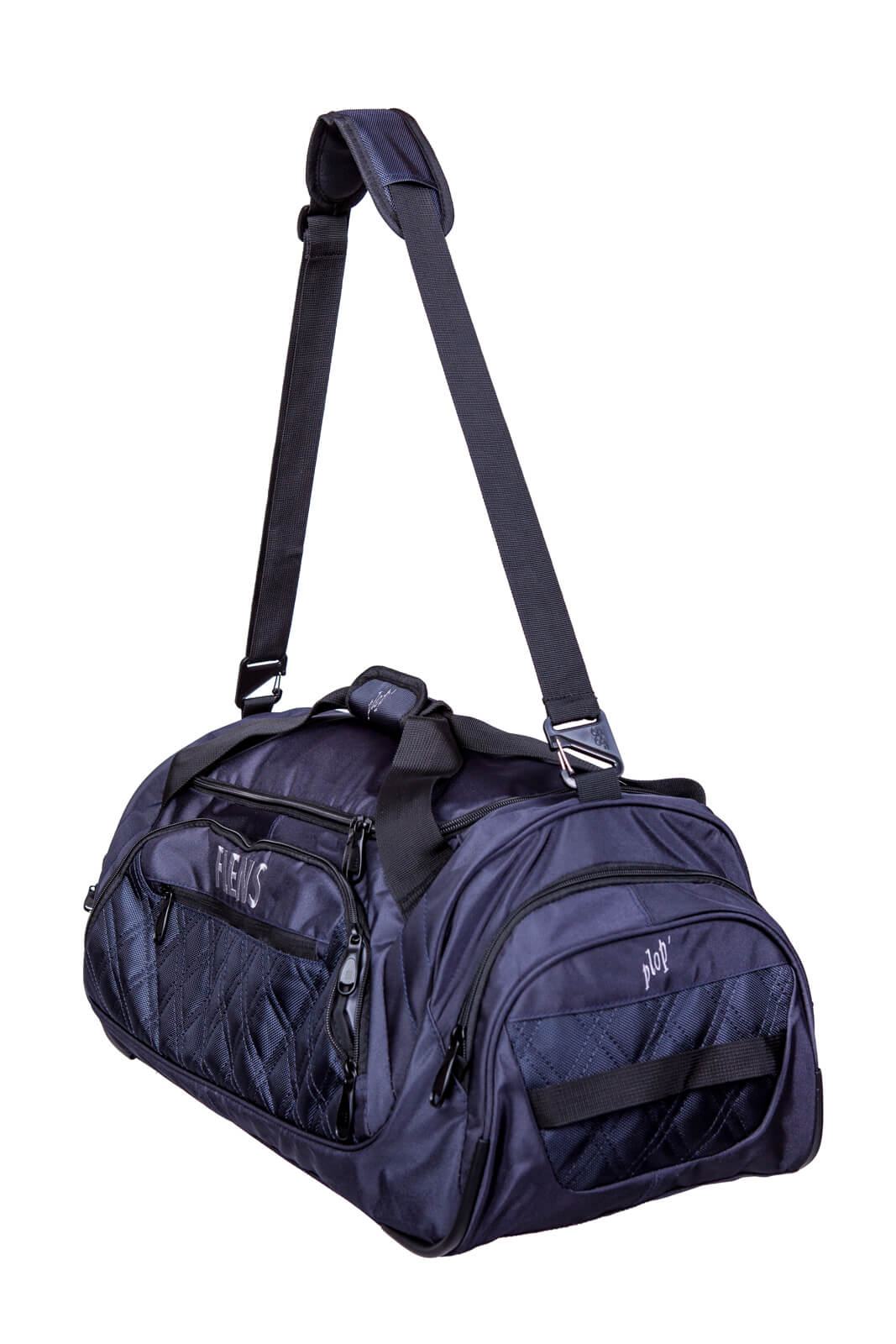 Dunkelblaue Sporttasche mit verstellbarem Schultergurt, zwei Reißverschlusstaschen auf der Vorderseite, einer kleinen Tasche mit Netzmaterial an der Seite und schwarzem Tragegriff.