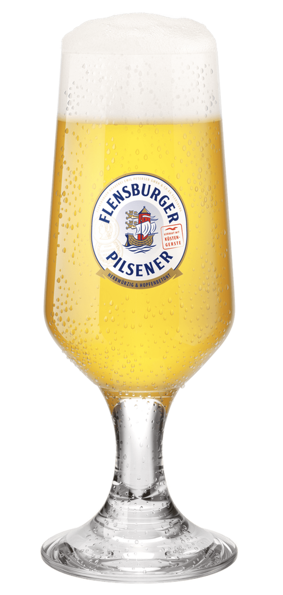Ein mit Flensburger Pilsener gefüllter Exklusivpokal aus Kristallglas mit dem Aufdruck des „Flensburger Pilsener“-Logo auf der Vorderseite.