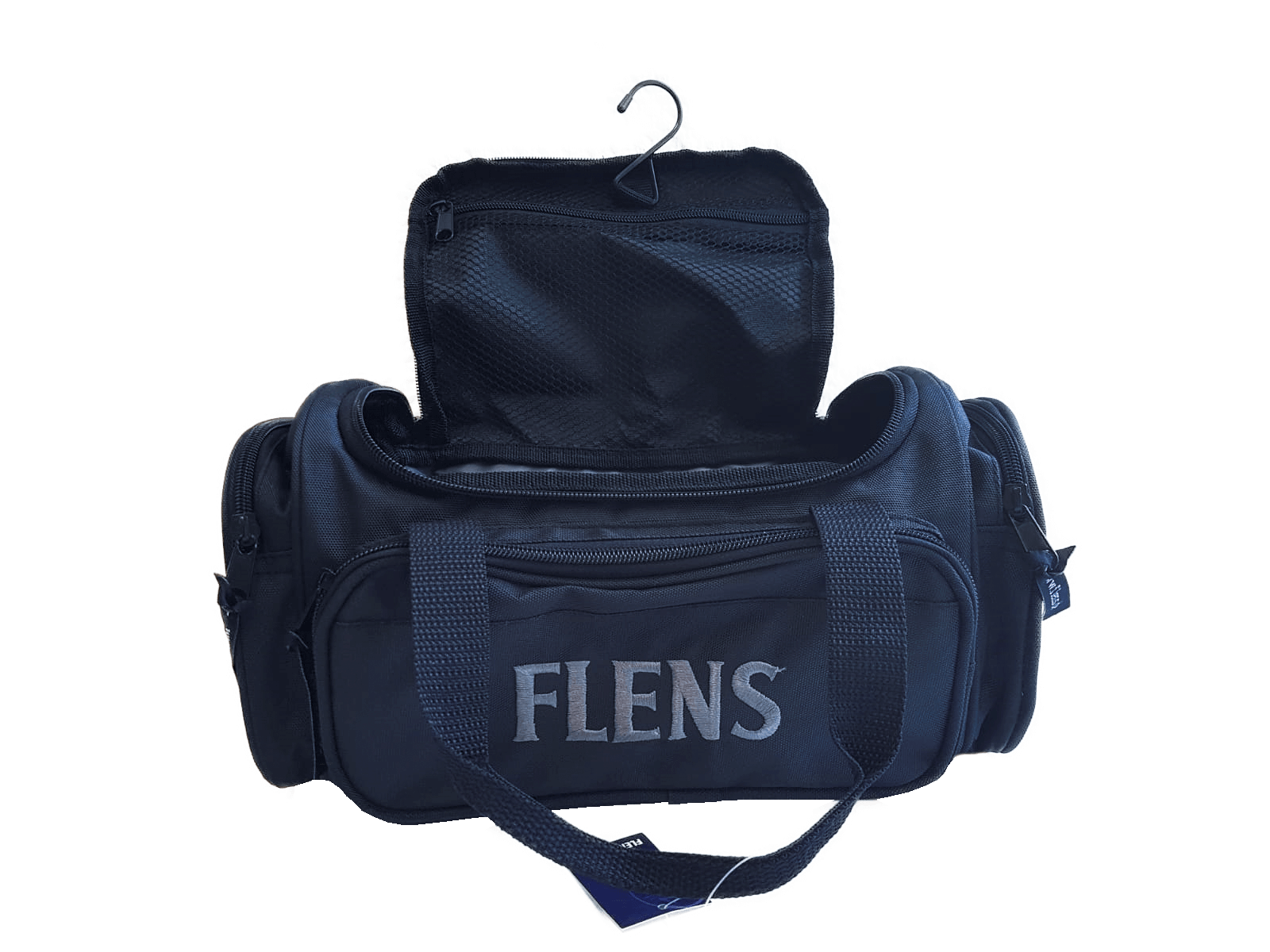 Kulturtasche "FLENS" Navyblaue Kulturtasche mit dem weißen Schriftzug "FLENS" auf der Vorderseite. Die Tasche ist geöffnet und zeigt ein herausklappbares Fach mit einem Haken zum Aufhängen.