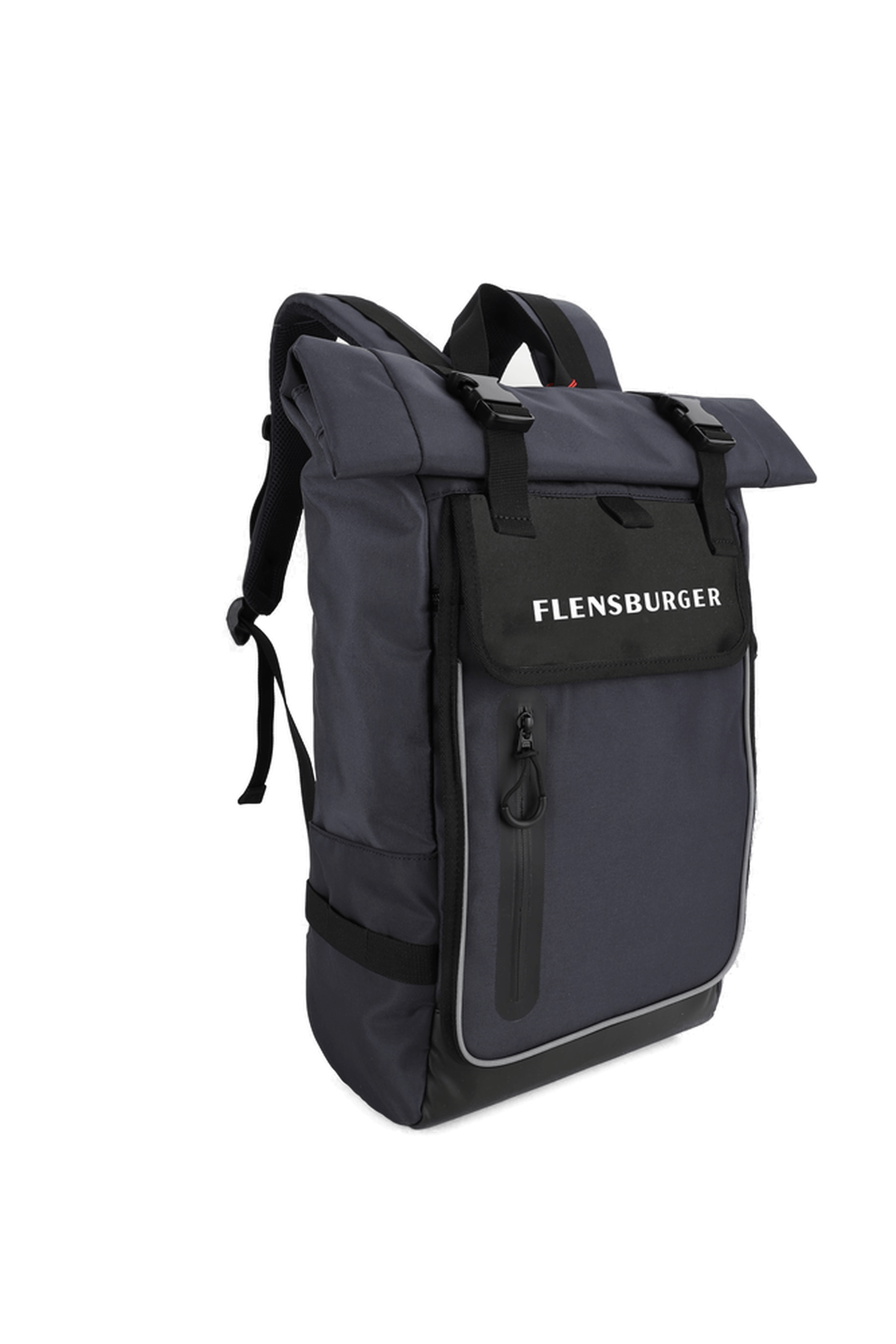 Rucksack "Nordlicht Explorer" in Navy mit aufgerolltem Oberteil. Die Fronttasche zeigt den weißen Schriftzug "FLENSBURGER". Der Rucksack hat gepolsterte Schultergurte und seitliche Befestigungsmöglichkeiten.