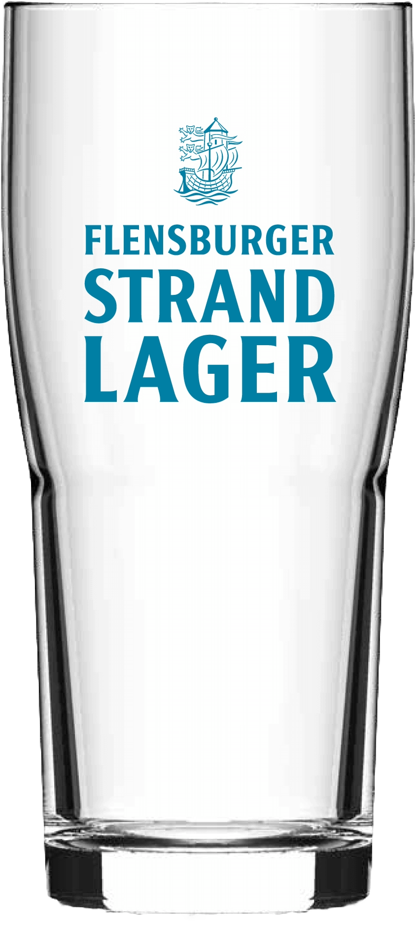 Leerer 0,3 l Glasbecher für Bier mit blauem Aufdruck eines Segelschiffs und dem Text „Flensburger Strand Lager“.