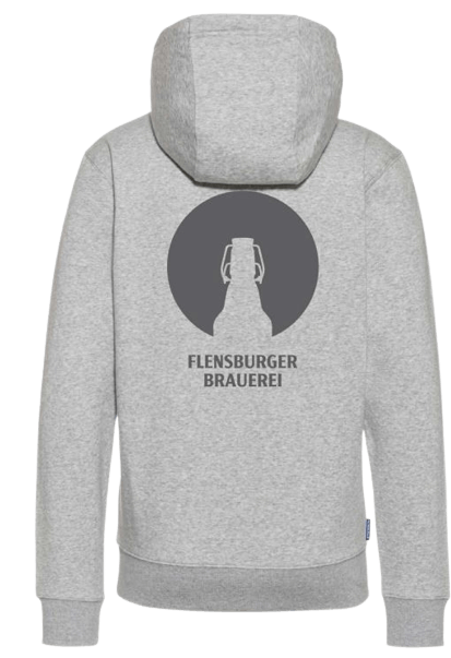 Grauer Hoodie mit Kapuze zeigt das Logo der Flensburger Brauerei auf der Rückseite. Der Artikel ist aus 100% Baumwolle und für Größen von XS bis 5XL erhältlich.