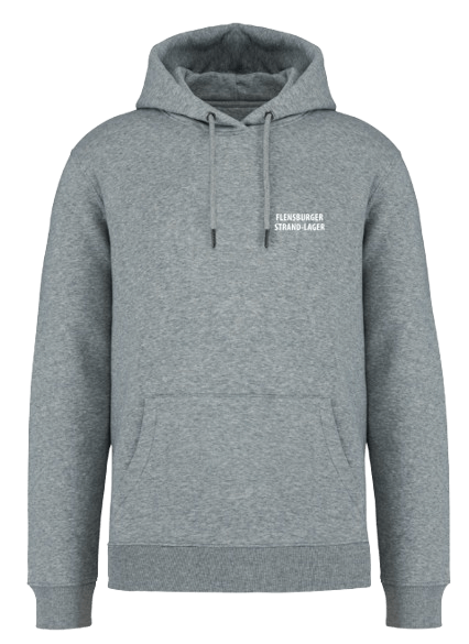Grau melierter Hoodie mit Kapuze und Kängurutasche. Weißer Schriftzug „FLENSBURGER STRAND-LAGER“ auf der linken Brust.