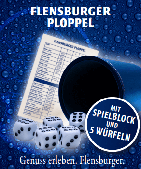 Flensburger Würfelset "Ploppel" zeigt fünf weiße Würfel mit schwarzen Punkten vor einem Spielblock und einem umgekippten dunkelblauen Becher. Text "Mit Spielblock und 5 Würfeln" ist sichtbar.