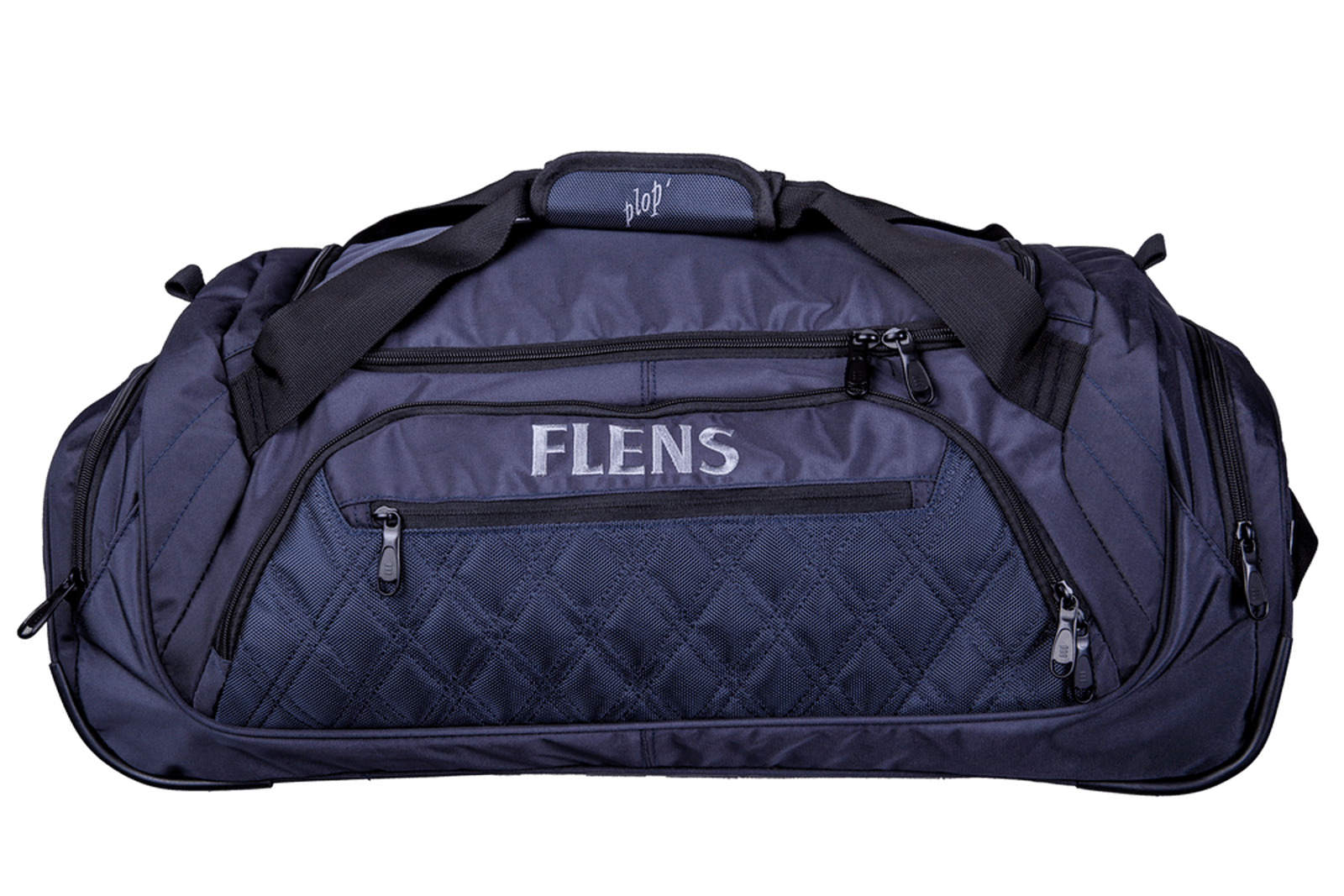 Frontale Ansicht einer dunkelblaue Sporttasche mit mehreren Reißverschlussfächern. Auf der Vorderseite stegt in weißer Schrift „FLENS“ und auf dem Griff „plop’“. Die Tasche hat robuste Tragegurte und eine gesteppte Fläche.