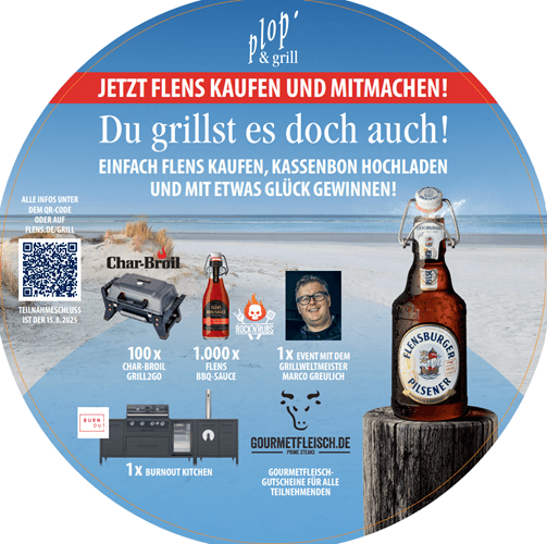 Runder Störer für eine Grillaktion mit einem Bier und einem Grillgerät. Der Text lädt zum Kauf von Flens ein, um an einem Gewinnspiel teilzunehmen. Verfügbare Preise sind aufgeführt.