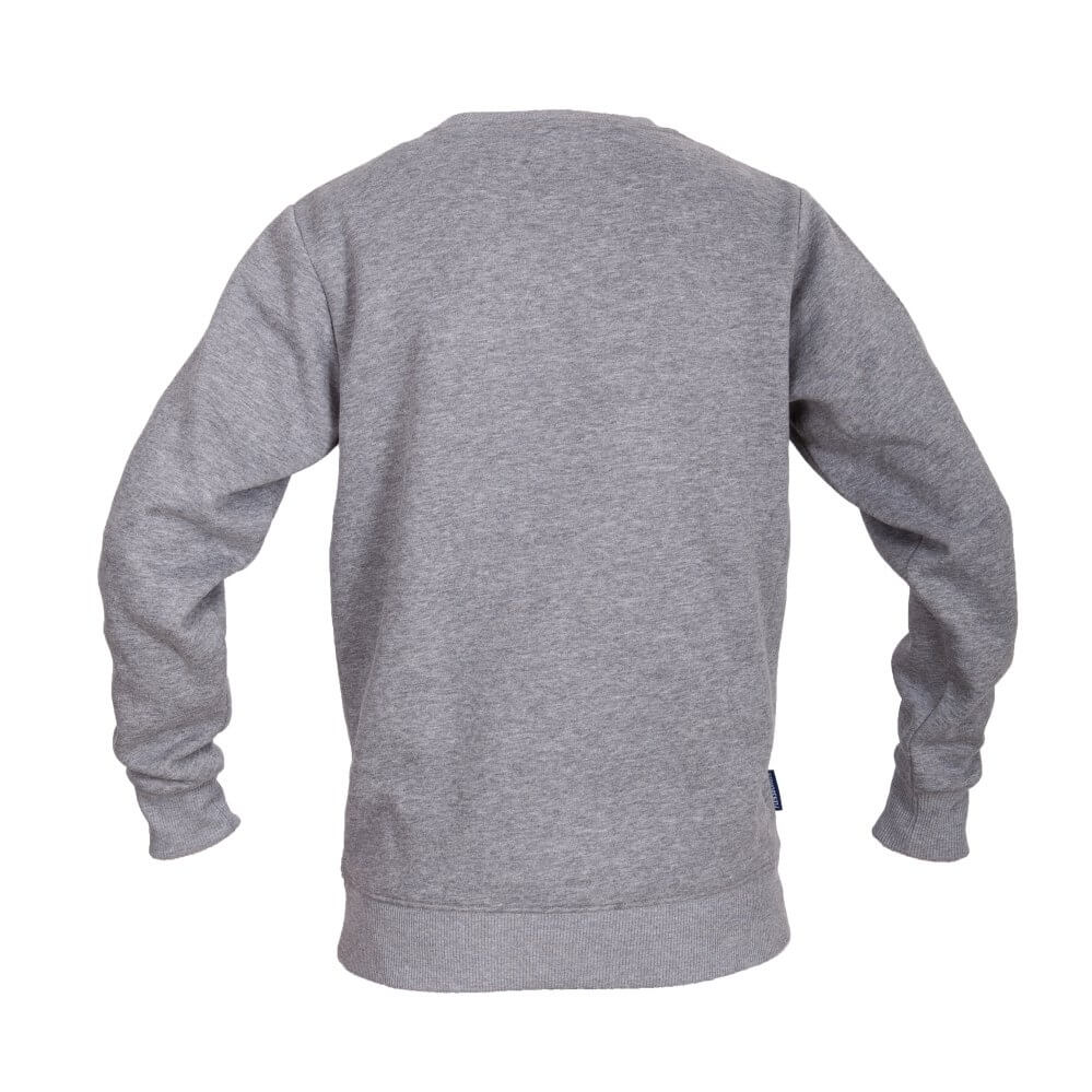 Grau melierter Pullover mit langen Ärmeln und Rundhalsausschnitt. Er steht aufrecht und zeigt die Rückseite des Oberteils.