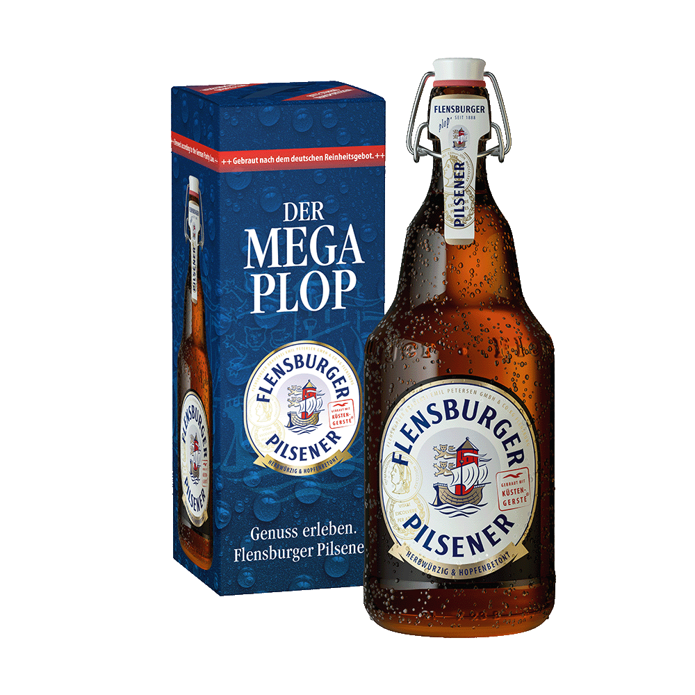 Flensburger Pilsener 2-Liter Bügelverschlussflasche steht neben blauer Geschenkbox mit Aufschrift "Der Mega Plop" und dem Flensburger Pilsener Logo.