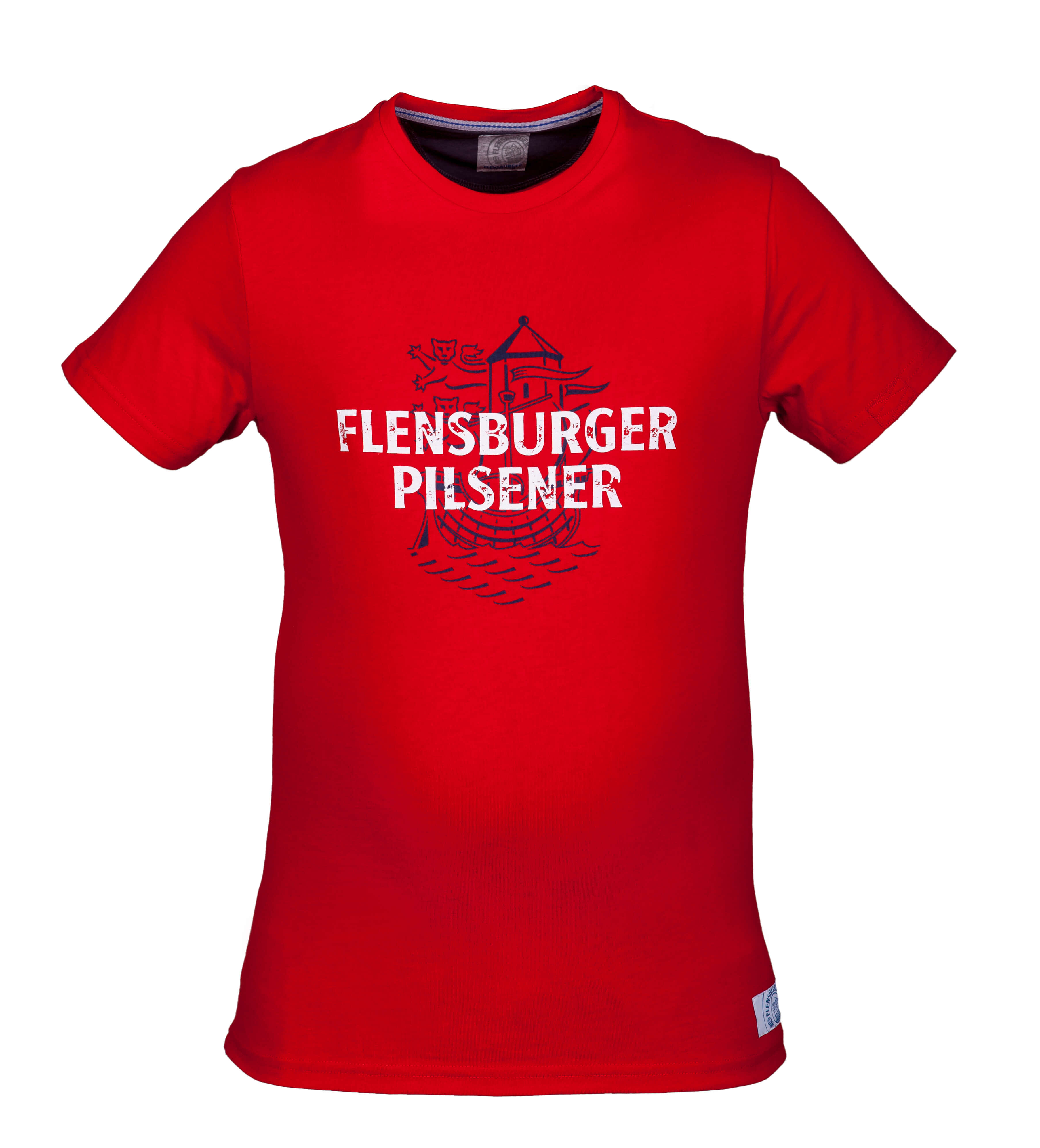 Rotes T-Shirt mit Aufdruck "FLENSBURGER PILSENER" und einer stilisierten Kogge über dem Text.