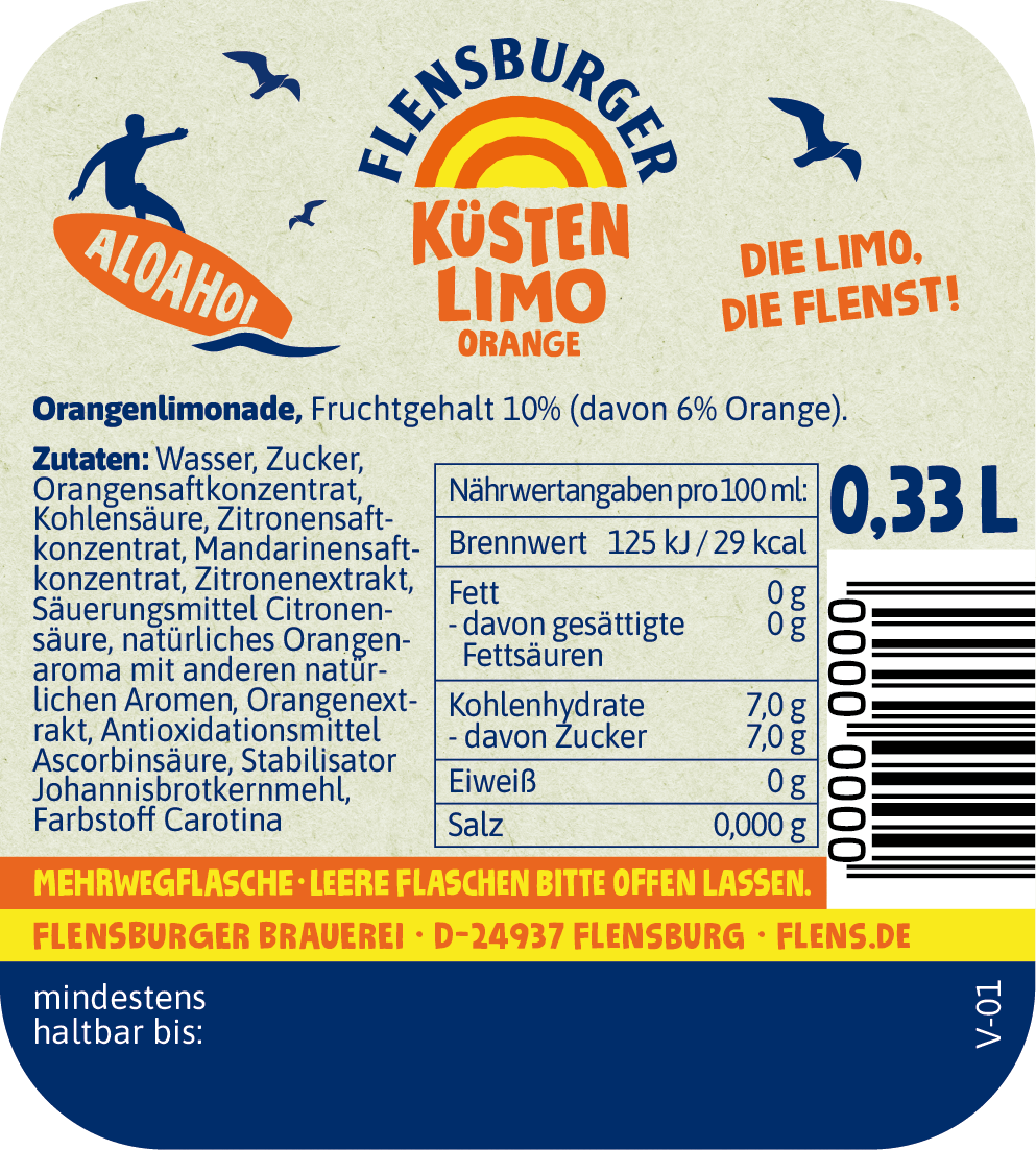 Rückenetikett der Flensburger Küstenlimo Orange. Orangenlimonade mit 10% Fruchtgehalt, Zutatenliste und Nährwertangaben pro 100 ml, inklusive Brennwert 125 kJ/29 kcal und 0,33 Liter Fassungsvermögen.