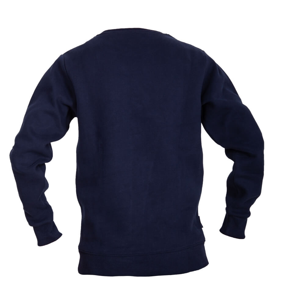 Rückseite eines dunkelblauen Langarm-Pullovers mit Rundhalsausschnitt, ohne Aufdruck oder Muster.