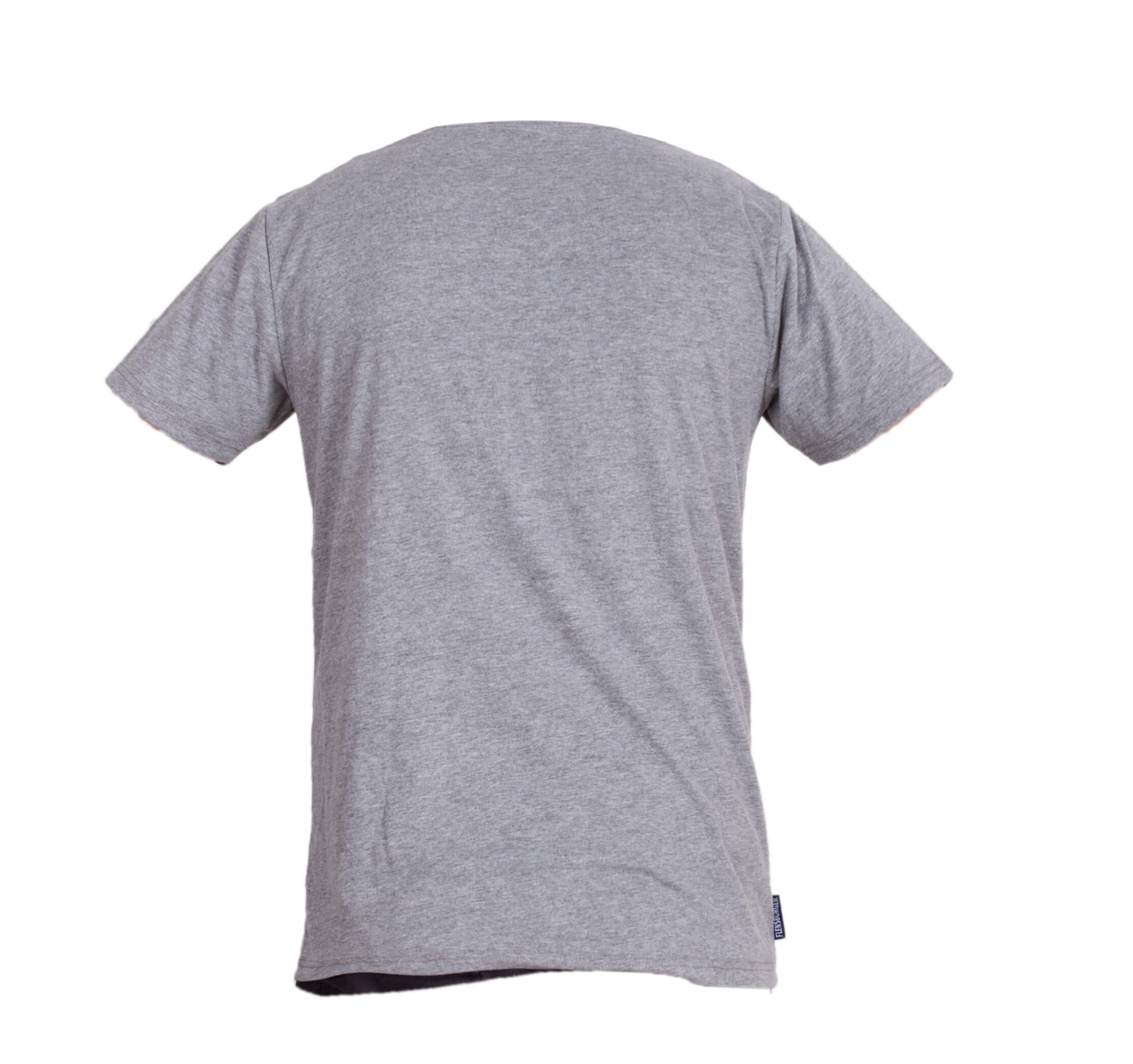 Graues T-Shirt "Nordlicht" aus Baumwolle zeigt die Rückansicht des Shirts. Es hat kurze Ärmel und einen runden Ausschnitt.