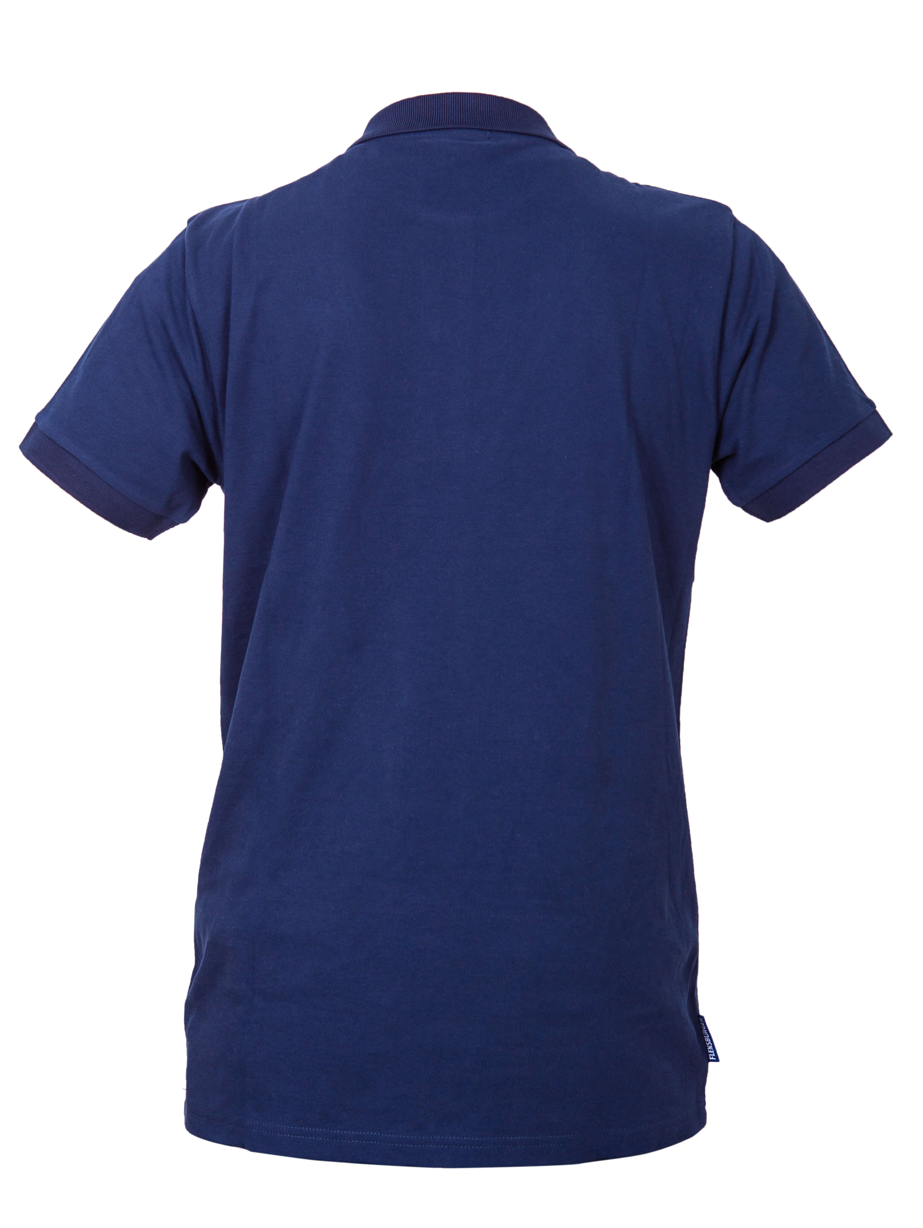 Rückseite eines Poloshirt in Dunkelblau mit kurzen Ärmeln und schlichtem Rückenteil ohne Muster oder Aufdruck.