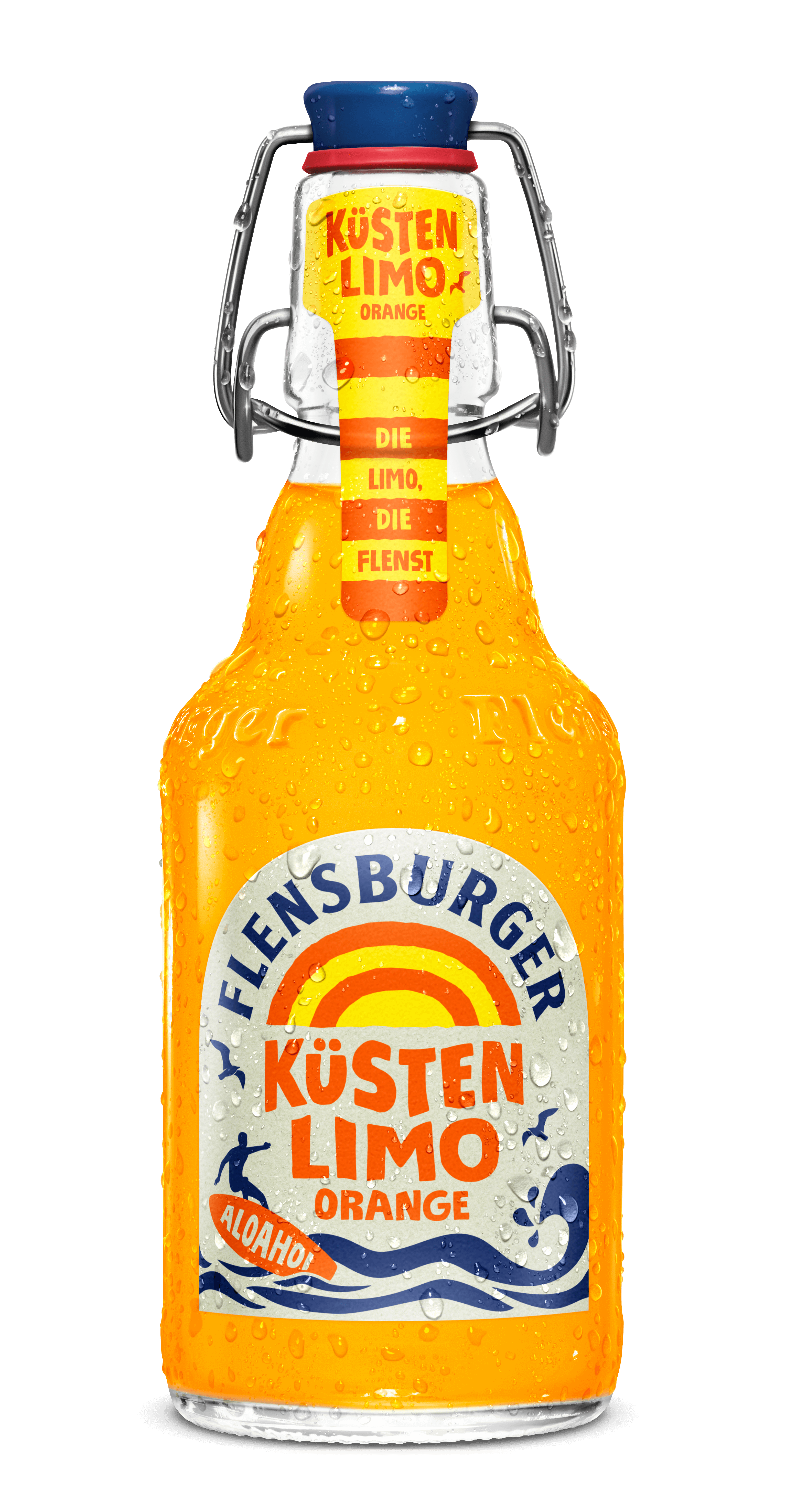 Flensburger Küstenlimo Orange in 0,33-Liter-Bügelverschlussflasche mit orangener Limonade und Etikett mit orange-gelbem Schriftzug „Küsten Limo Orange“.