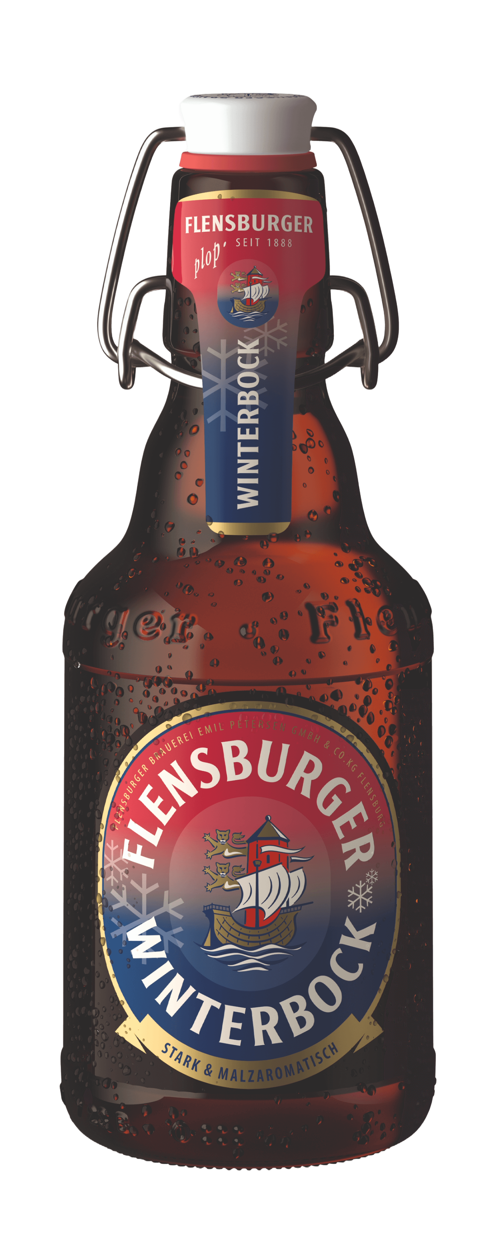 Flensburger Winterbock-Flasche mit einem ikonischen roten und blauen Etikett, beschriftet mit "FLENSBURGER" und "WINTERBOCK". Die Flasche ist von Kondenswasser umgeben und wirkt frisch.
