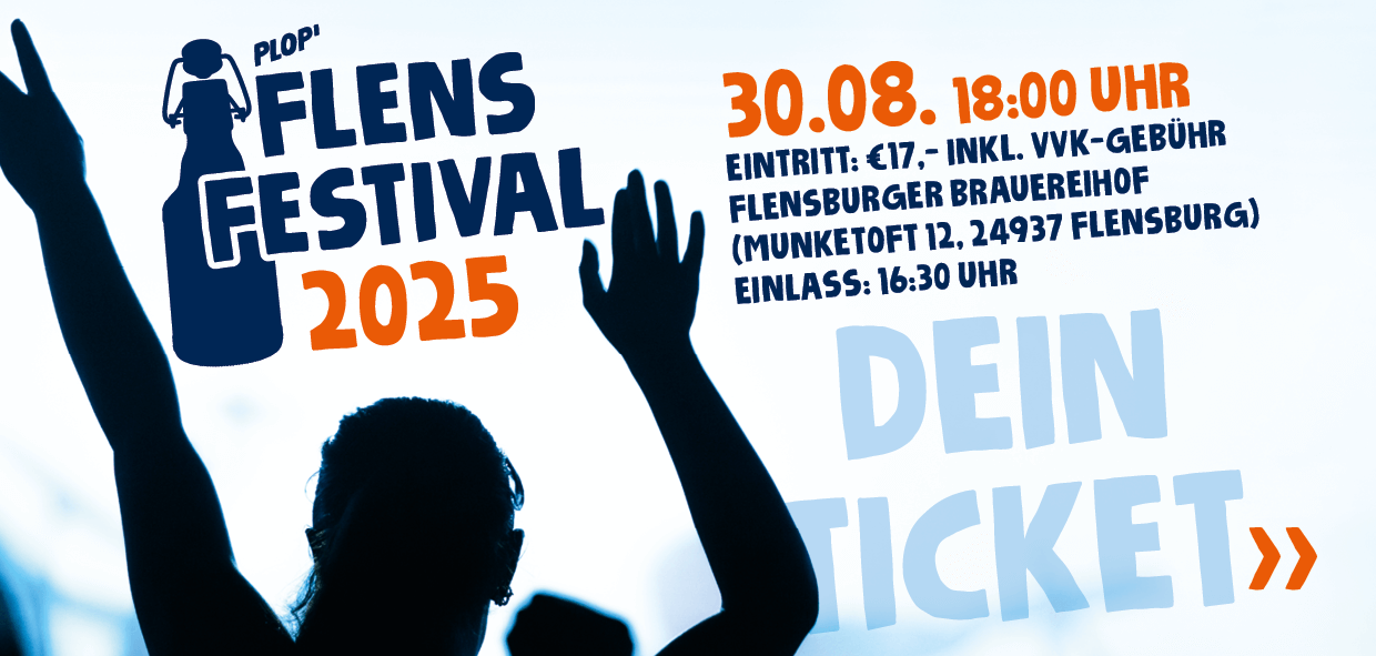 Silhouette einer jubelnden Person mit erhobenen Armen vor dem Schriftzug „Flens Festival 2025“ und Veranstaltungsdetails: 30.08., 18:00 Uhr, Eintritt 17 Euro, Flensburger Brauereihof, Einlass 16:30 Uhr.