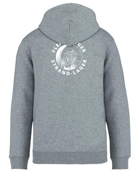 Rückseite eines hellgrauen Hoodies mit Kapuze und weißem Logo auf dem Rücken. Das Logo zeigt Strandgras, einen Leuchtturm und deinen Text.