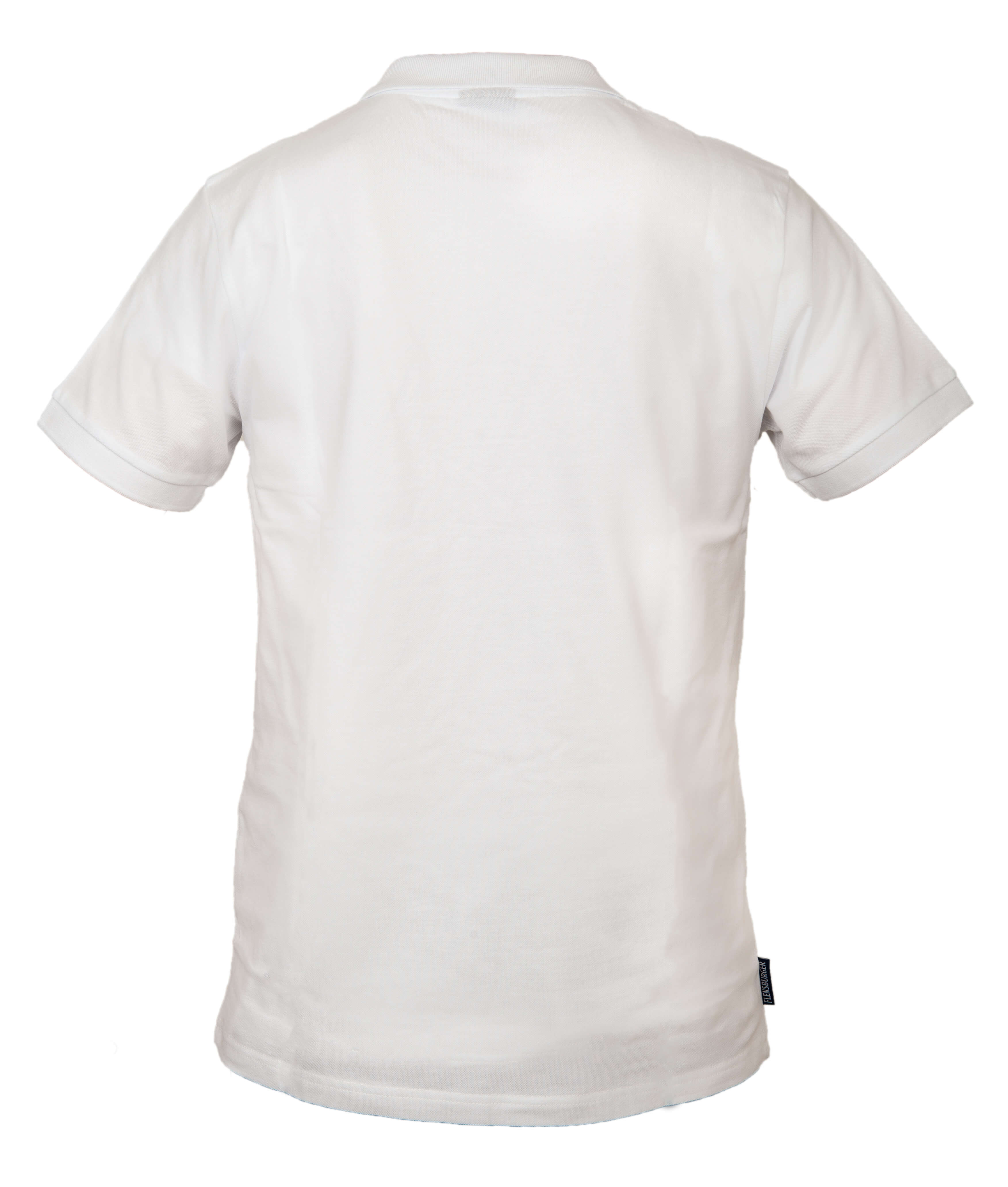Rückseite eines weißen Poloshirt ohne Aufdruck, mit kurzen Ärmeln und einem kleinen schwarzen Etikett am unteren Saum.
