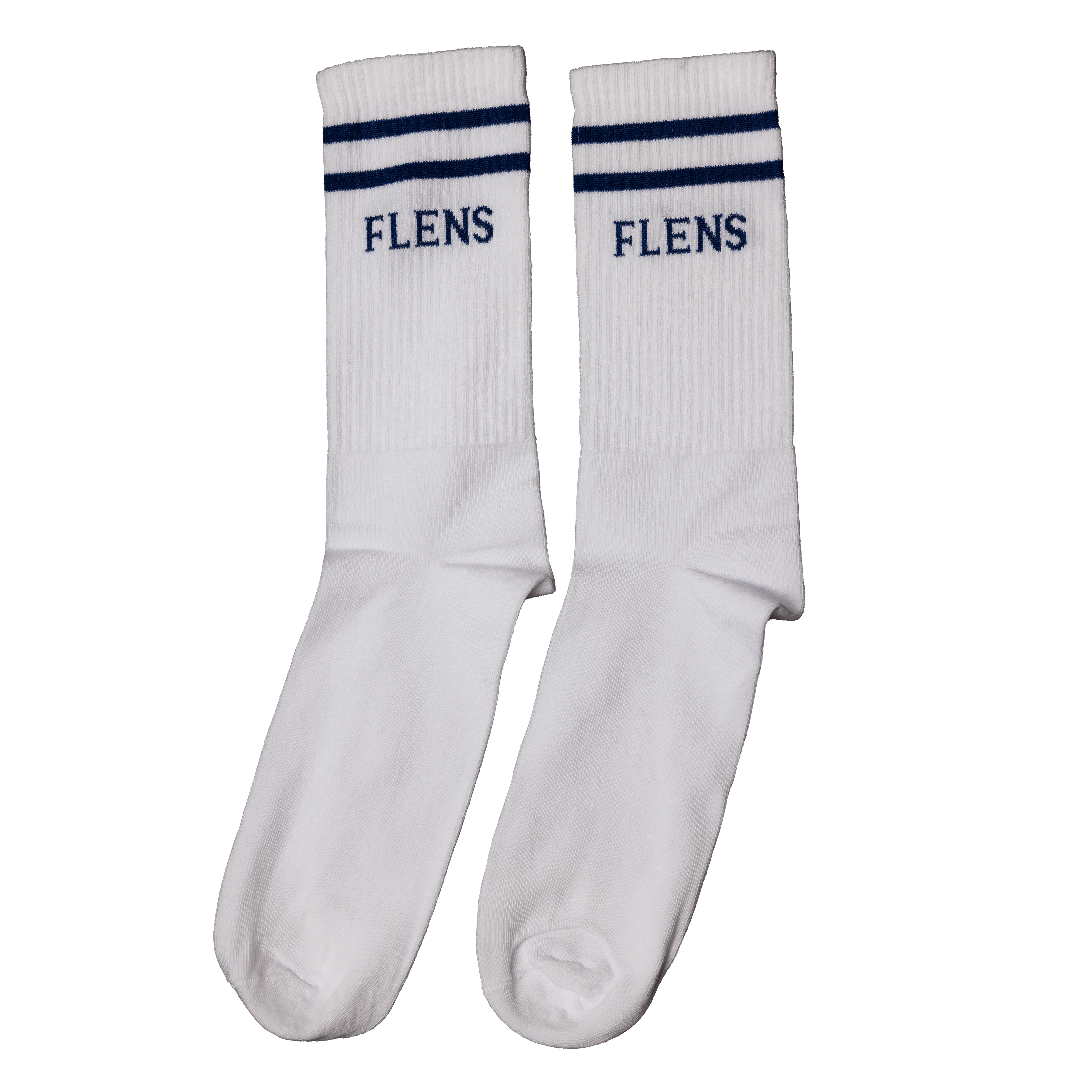 Weisse Sportsocken mit zwei dunkelblauen Streifen und dem Schriftzug „FLENS“ oberhalb der Rippenstruktur im Schaftbereich.