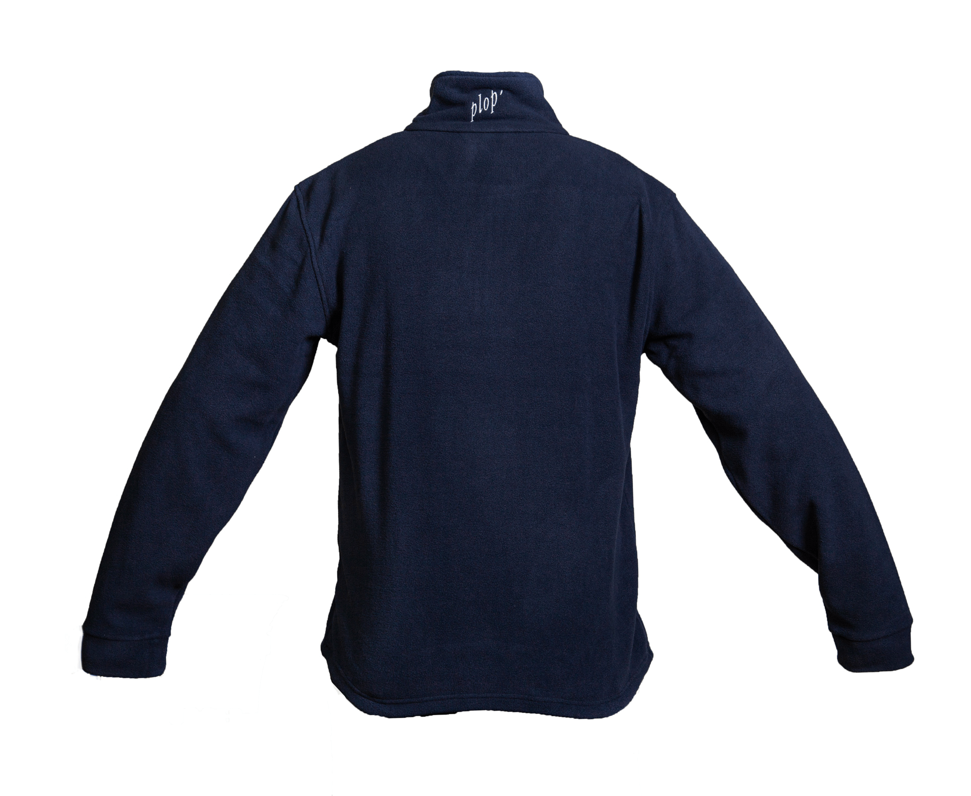 Dunkelblauer Fleece-Pullover mit Langarm und Stehkragen. Auf dem Kragen steht der weiße Schriftzug „plop‘“. Der Pullover ist von hinten abgebildet.