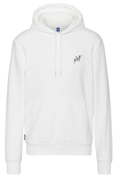 Weißer Hoodie mit Kapuze und Kängurutasche. Auf der linken Brust steht in schwarzer Schrift "plop". Der Hoodie hat lange Ärmel und Kordeln an der Kapuze.
