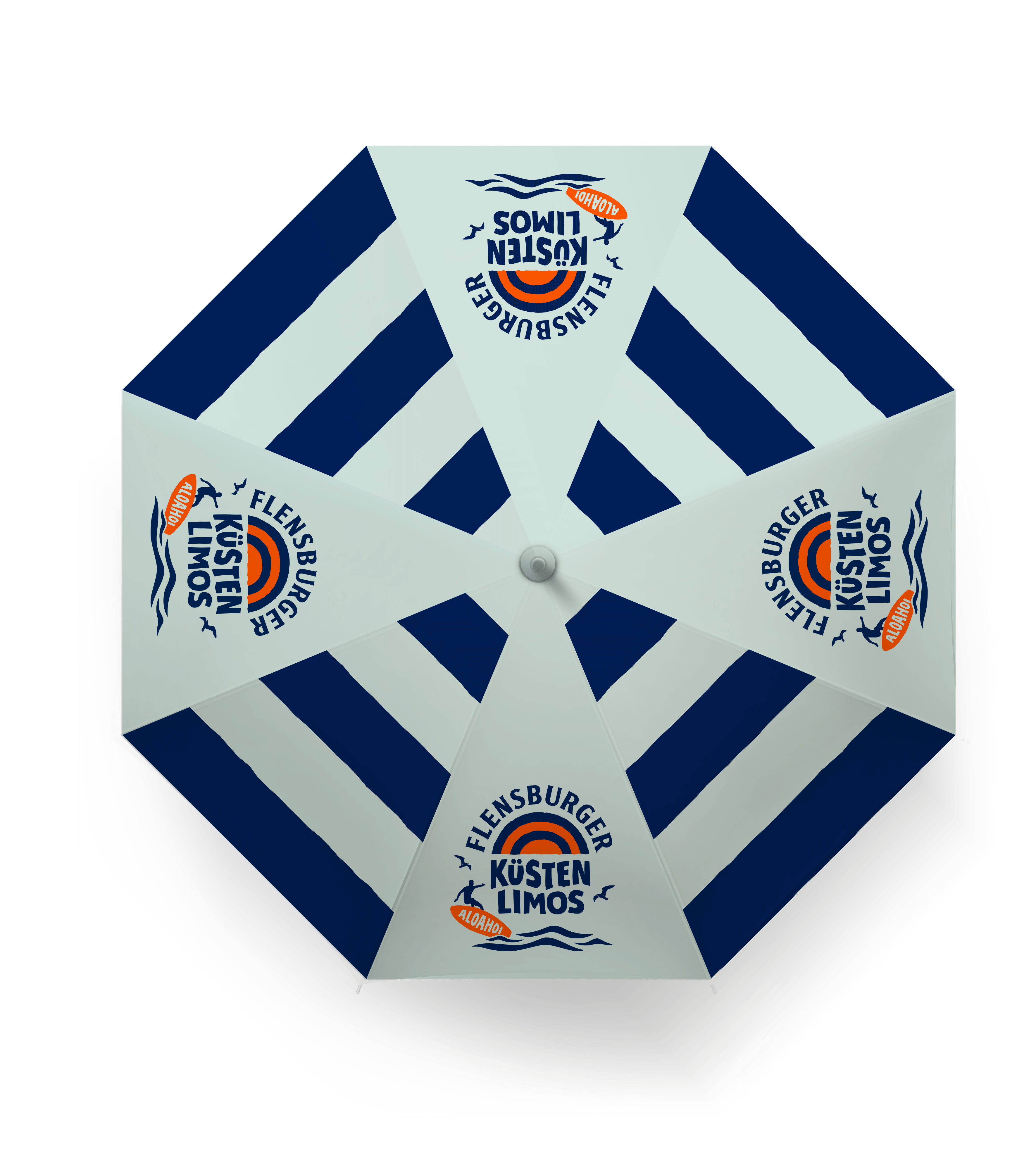 Sechseckiger Sonnenschirm mit blau-weißen Streifen. Er trägt das Logo „Flensburger Küsten Limos“ und die Aufschrift „Aloha“. Der Schirm ist mit einem zentralen Ständer ausgestattet.