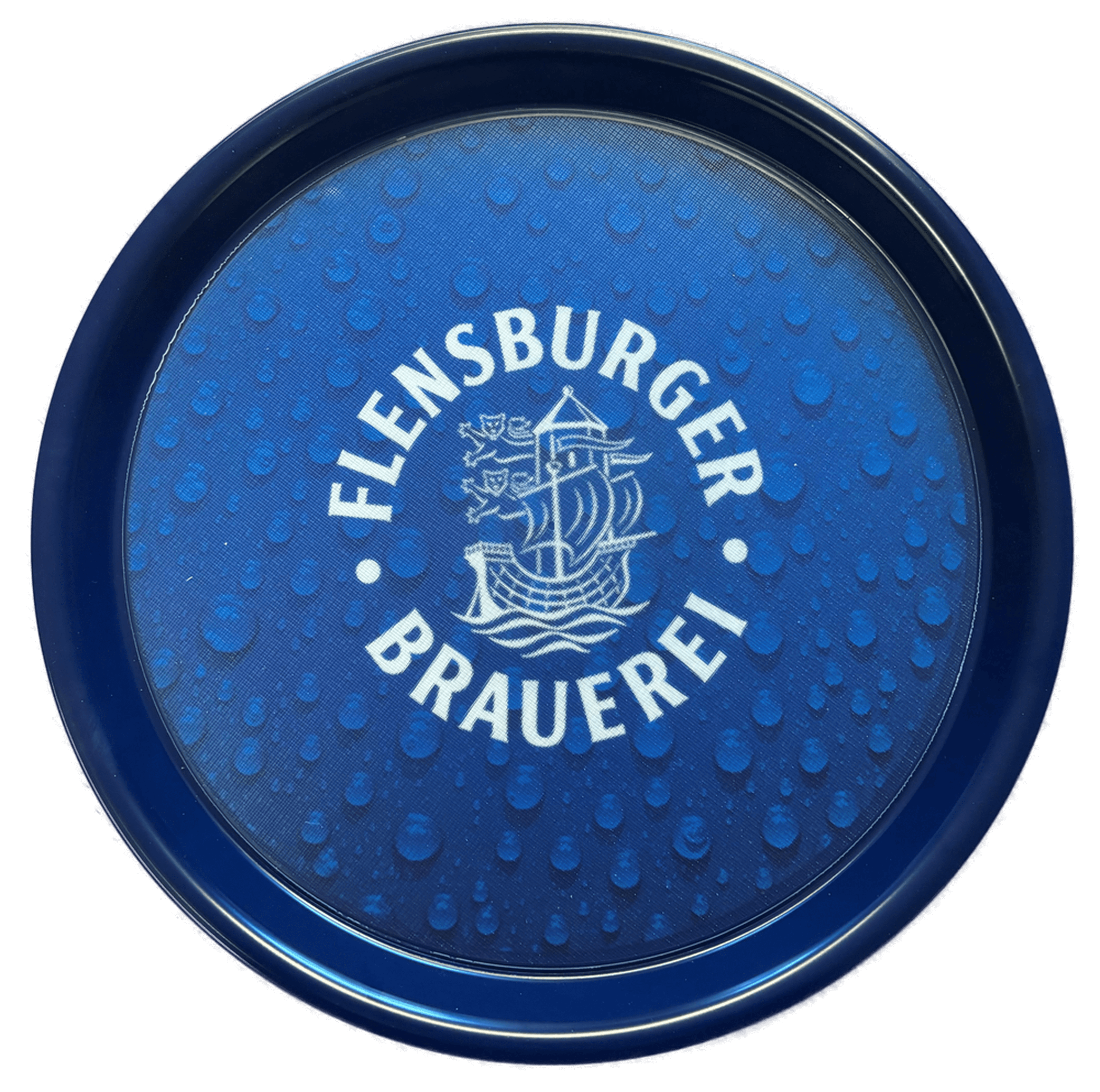 Rundes blaues Serviertablett mit aufgedruckten Wassertropfen und weißem Aufdruck "FLENSBURGER BRAUEREI" sowie einem stilisierten Segelschiff in der Mitte.