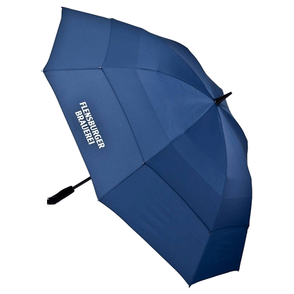 Regenschirm "Windfighter"  Navyblauer Regenschirm mit der Aufschrift "FLENSBURGER BRAUEREI" auf der Bespannung.