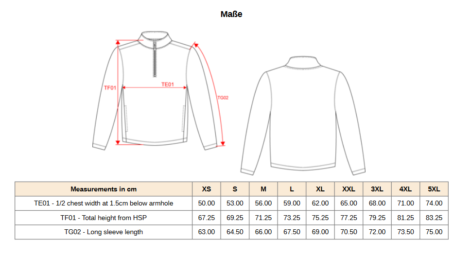 Technische Zeichnung eines Langarm-Fleece-Pullovers mit Markierungen für Brustbreite (TE01), Gesamthöhe (TF01) und Ärmel-Länge (TG02). Tabelle zeigt Maße in Zentimetern für Größen XS bis 5XL.
