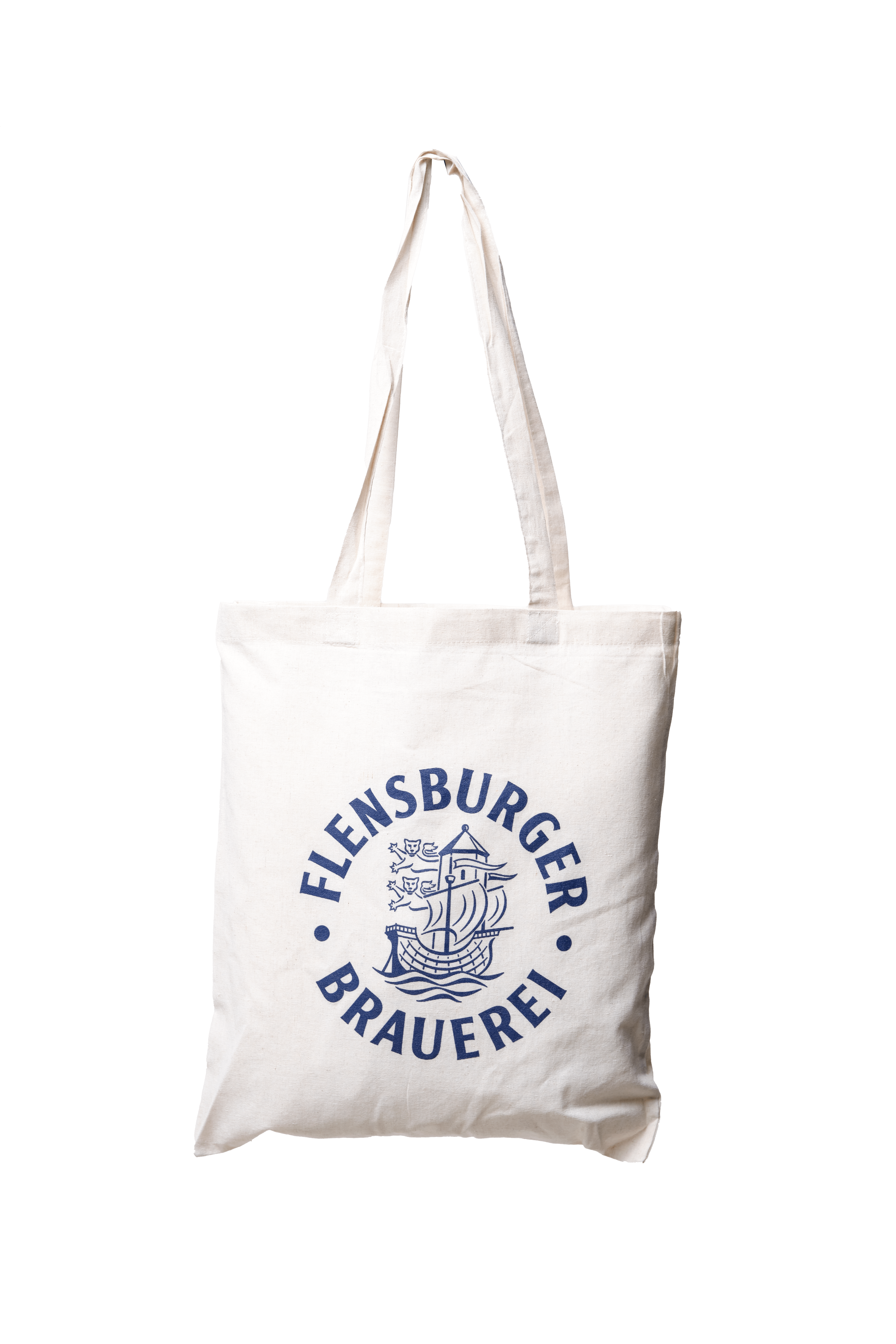 Flensburger Büddel  Weiße Tragetasche aus 100% Baumwolle mit langen Henkeln trägt das blaue Flensburger Brauerei Logo mit Schiff und Burg sowie den Schriftzug „Flensburger Brauerei“ kreisförmig.