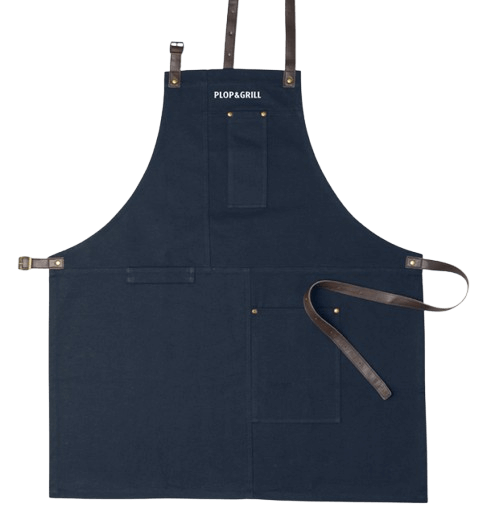 Grillschürze "Plop & Grill" Dunkelblaue Grillschürze mit braunen Schnüren zum Binden.