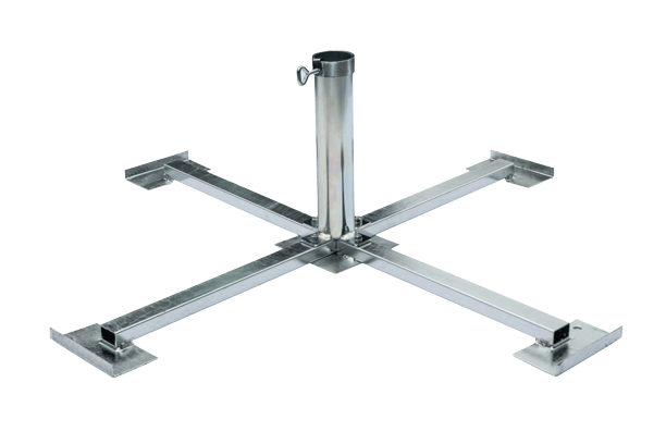 Zubehör für 3x3m-Schirm: Mobilständer Mobilständer für einen 3x3m-Schirm. Der Ständer hat eine quadratische Basis und eine zentrale Halterung, um den Schirm stabil zu halten. Er besteht aus robustem Metall.