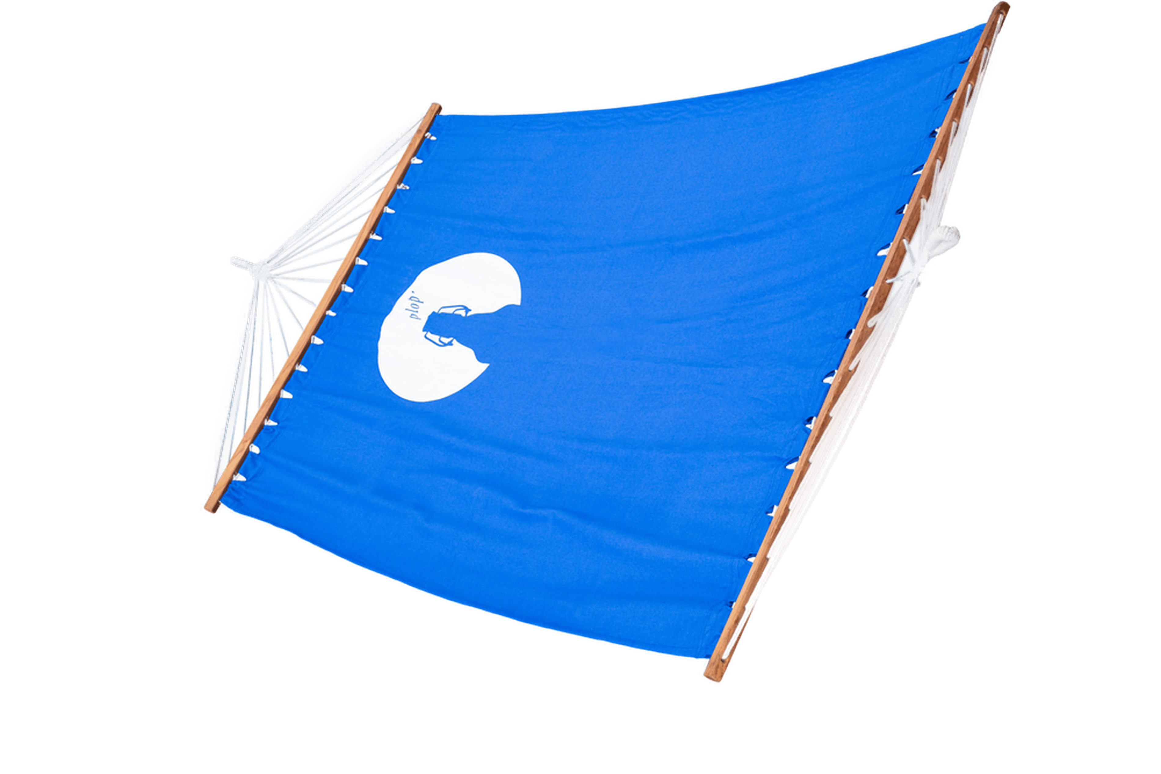 Blaue Hängematte mit weißem Nordlicht-Logo auf der Fläche. Die Hängematte ist rechteckig, mit Holzstangen an beiden Enden und weißen Seilen zur Befestigung.