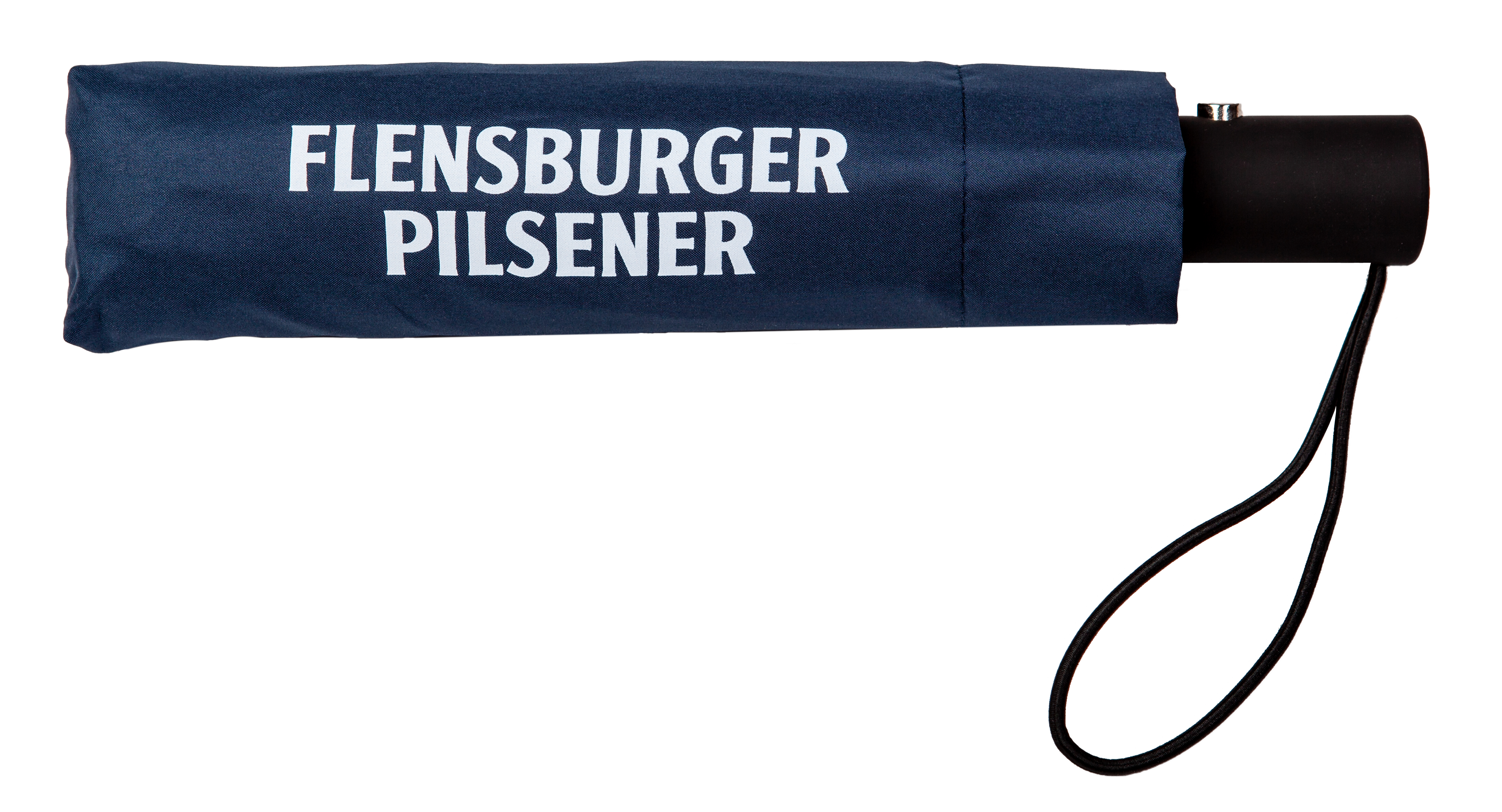 Geschlossener blauer Taschenschirm mit schwarzem Griff und Trageschlaufe. Auf dem Schirmbezug steht in weißen Großbuchstaben „FLENSBURGER PILSENER“.