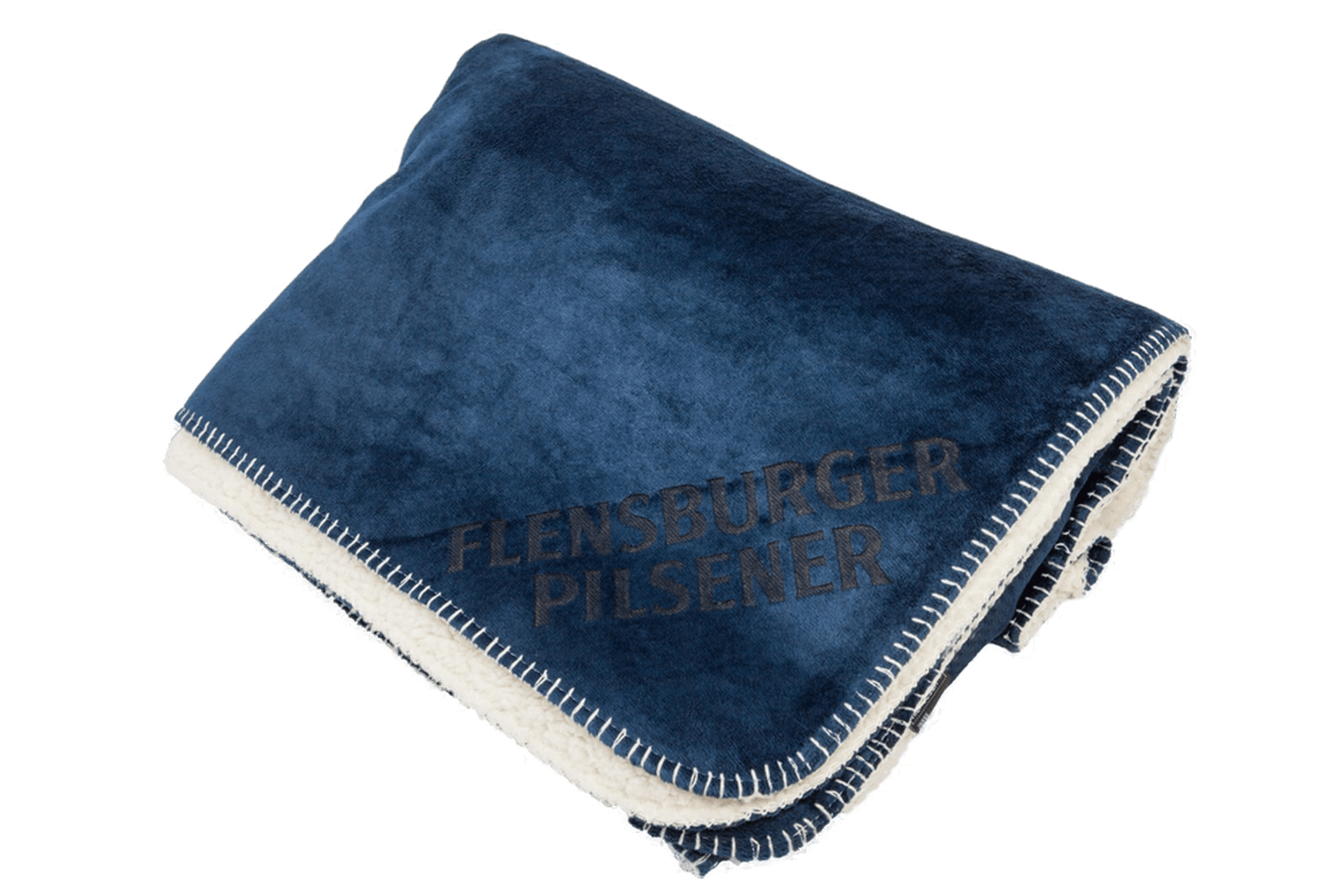 Gefaltete navyblaue Fleecedecke mit weißem Sherpafleece auf der Unterseite. Die Decke trägt den Aufdruck „FLENSBURGER PILSENER“ und hat gekettelte Kanten.