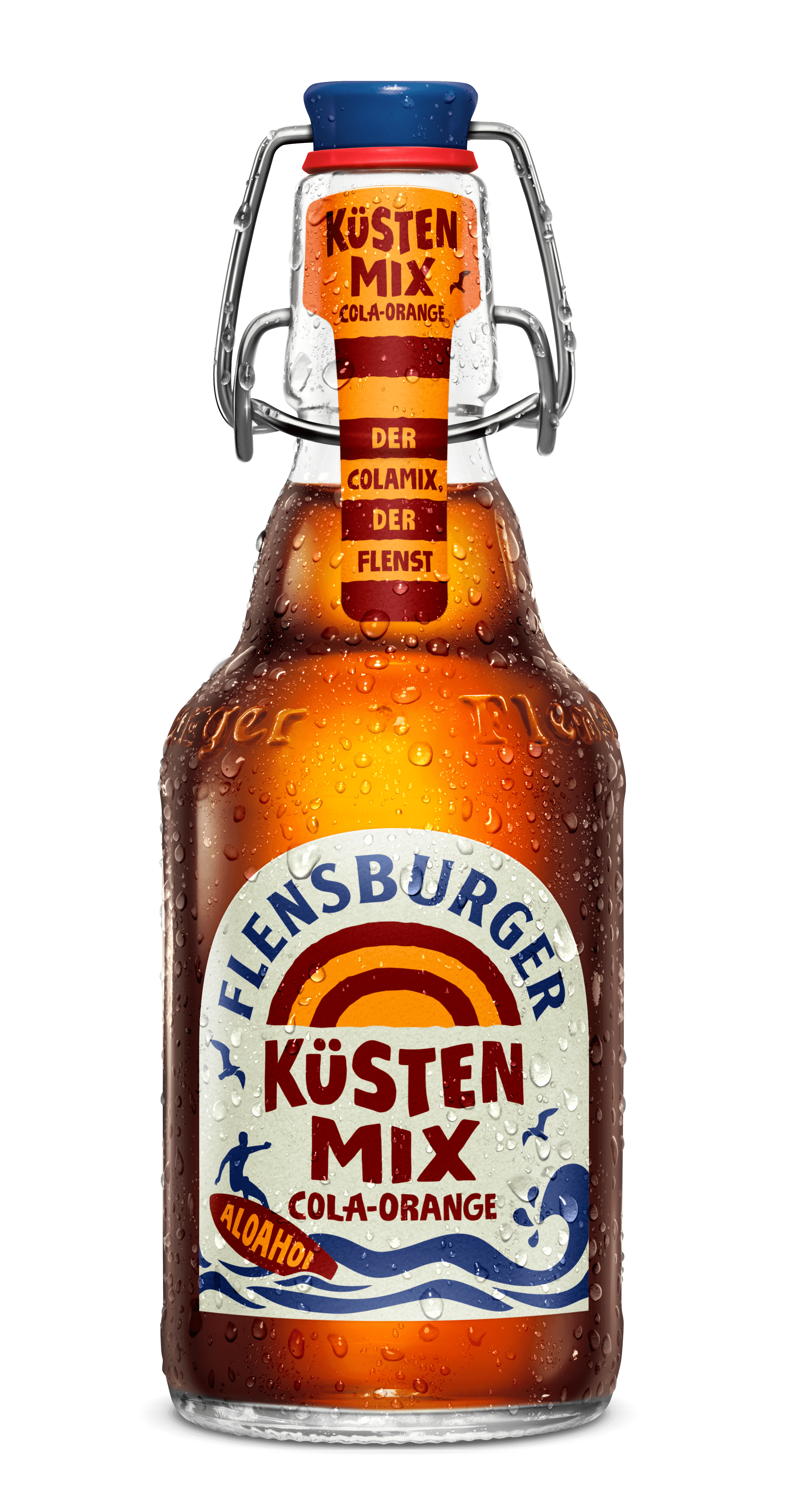 Flensburger Küstenmix Cola-Orange in einer braunen Bügelflasche mit blauem Verschluss. Auf dem Etikett steht: "Flensburger Küstenmix Cola-Orange Aloha!". Auf dem Bügel-Etikett steht: "Küstenmix Cola-Orange. Der Colamix, der flenst".
