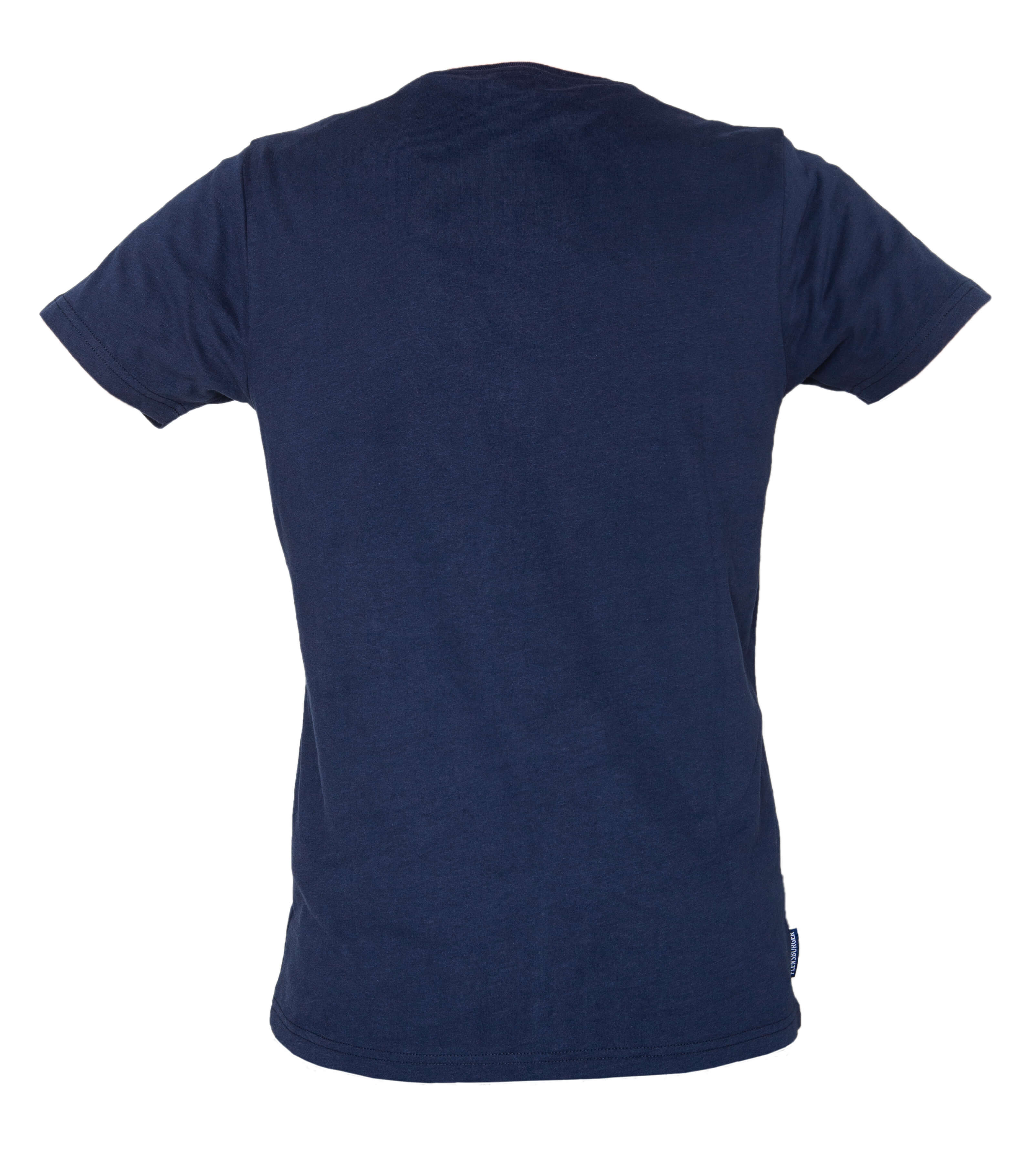 Navyblaues T-Shirt aus Baumwolle. Es ist von hinten abgebildet und zeigt keine Aufdrucke oder Muster. Das Shirt hat kurze Ärmel und einen Rundhalsausschnitt.