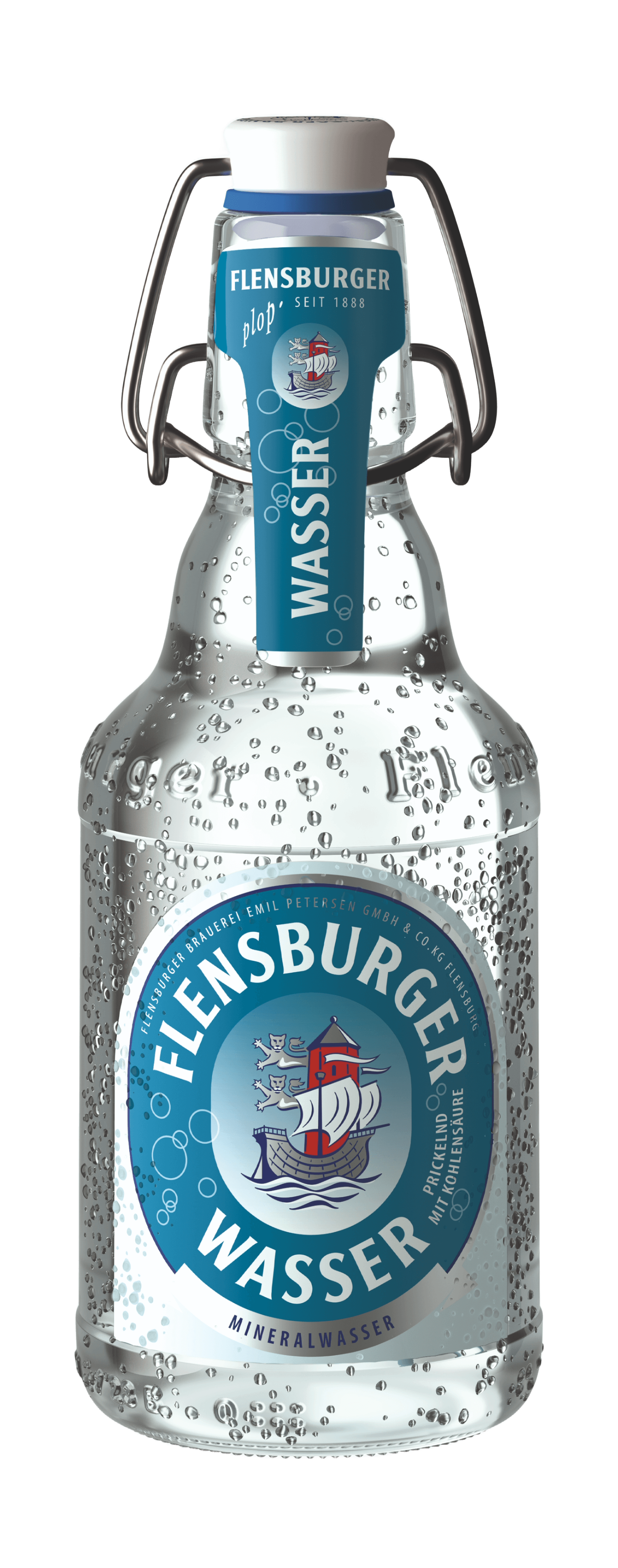 Flensburger Mineralwasser in einer transparenten Glasflasche mit blauer Etikettierung. Die Flasche zeigt die Aufschrift „Flensburger Wasser“ und das Abbild eines Schiffs.