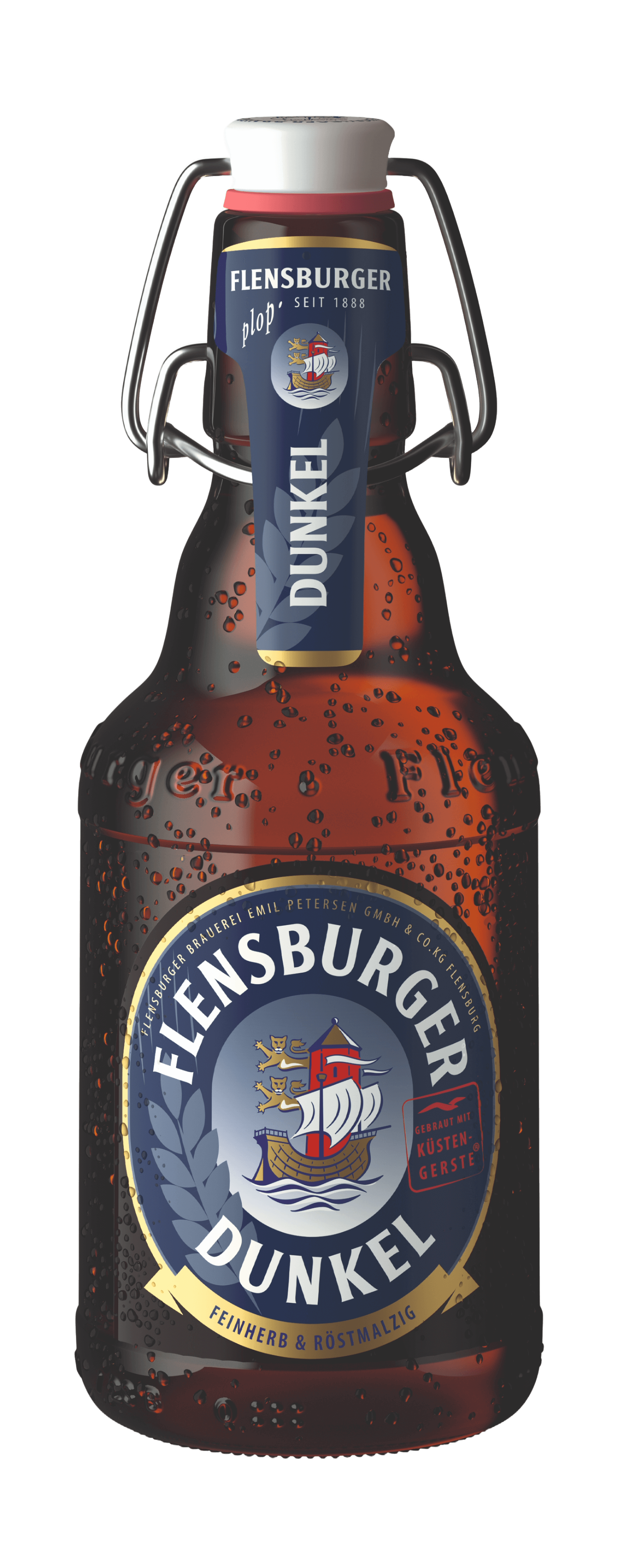 Braun-rote Flasche mit einem metallenen Bügelverschluss trägt das Etikett "FLENSBURGER DUNKEL". Das Etikett hebt die besondere Rezeptur sowie die Hauptmerkmale des Bieres hervor.