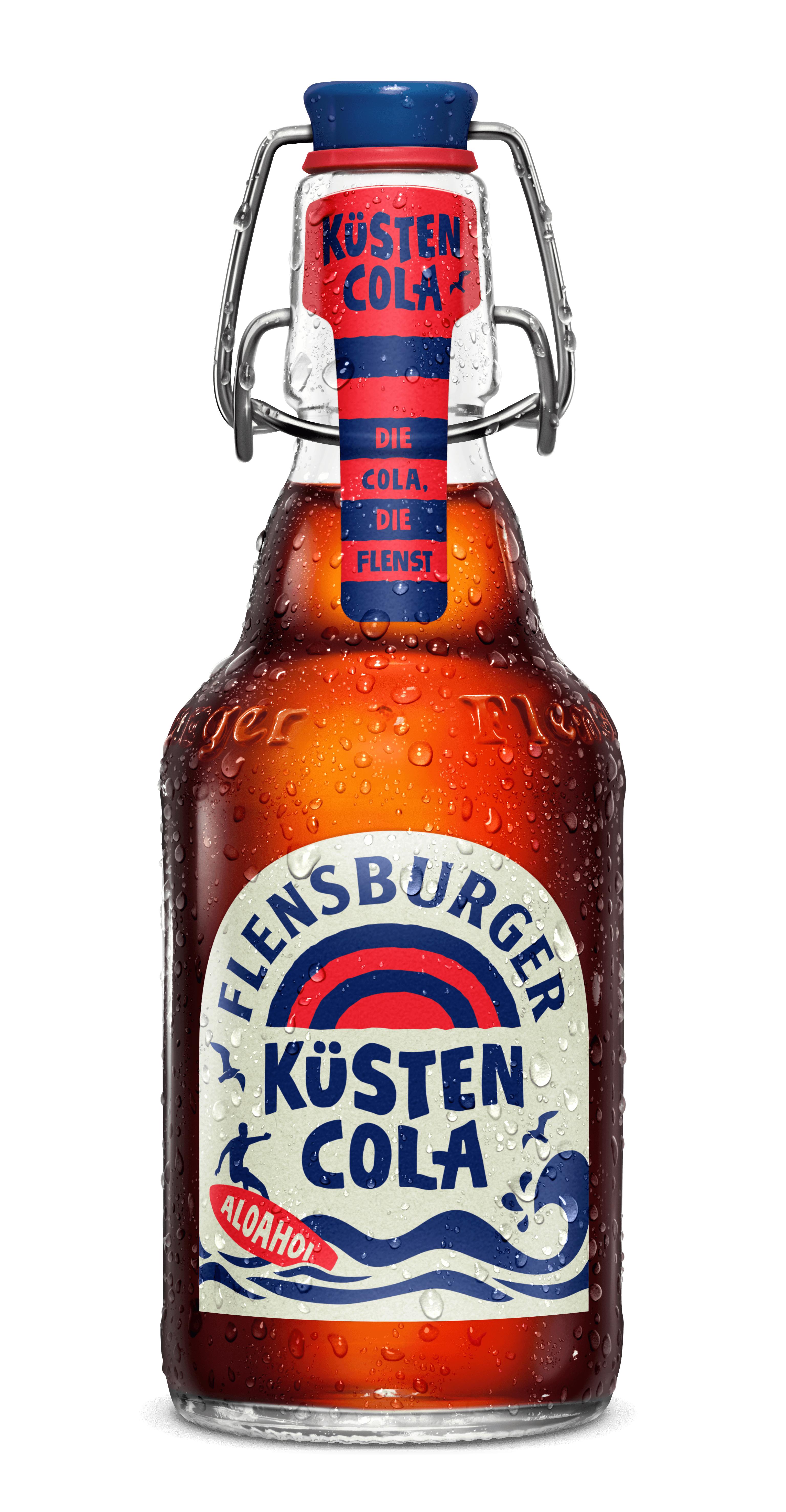 Flensburger Küstencola in brauner Bügelflasche mit rot-blauem Etikett. Auf dem Flaschenhals steht: "Küsten Cola - Die Cola, die flenst". Das Etikett zeigt eine Welle und einen Surfer mit dem Schriftzug "Aloahoi".