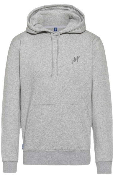 Hellgrauer Kapuzenpullover mit Kängurutasche und weißem Kordelzug. Auf der linken Brustseite steht der Schriftzug "plop" in schräger, schwarzer Schrift.