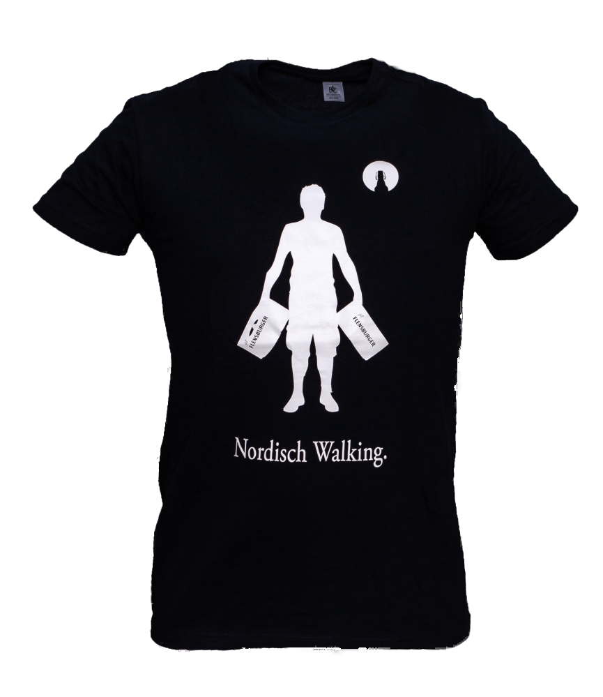 Schwarzes T-Shirt mit weißem Aufdruck einer stehenden Figur, die in jeder Hand einen Kasten mit der Aufschrift „Flensburger“ hält. Darunter steht der Text „Nordisch Walking.“.